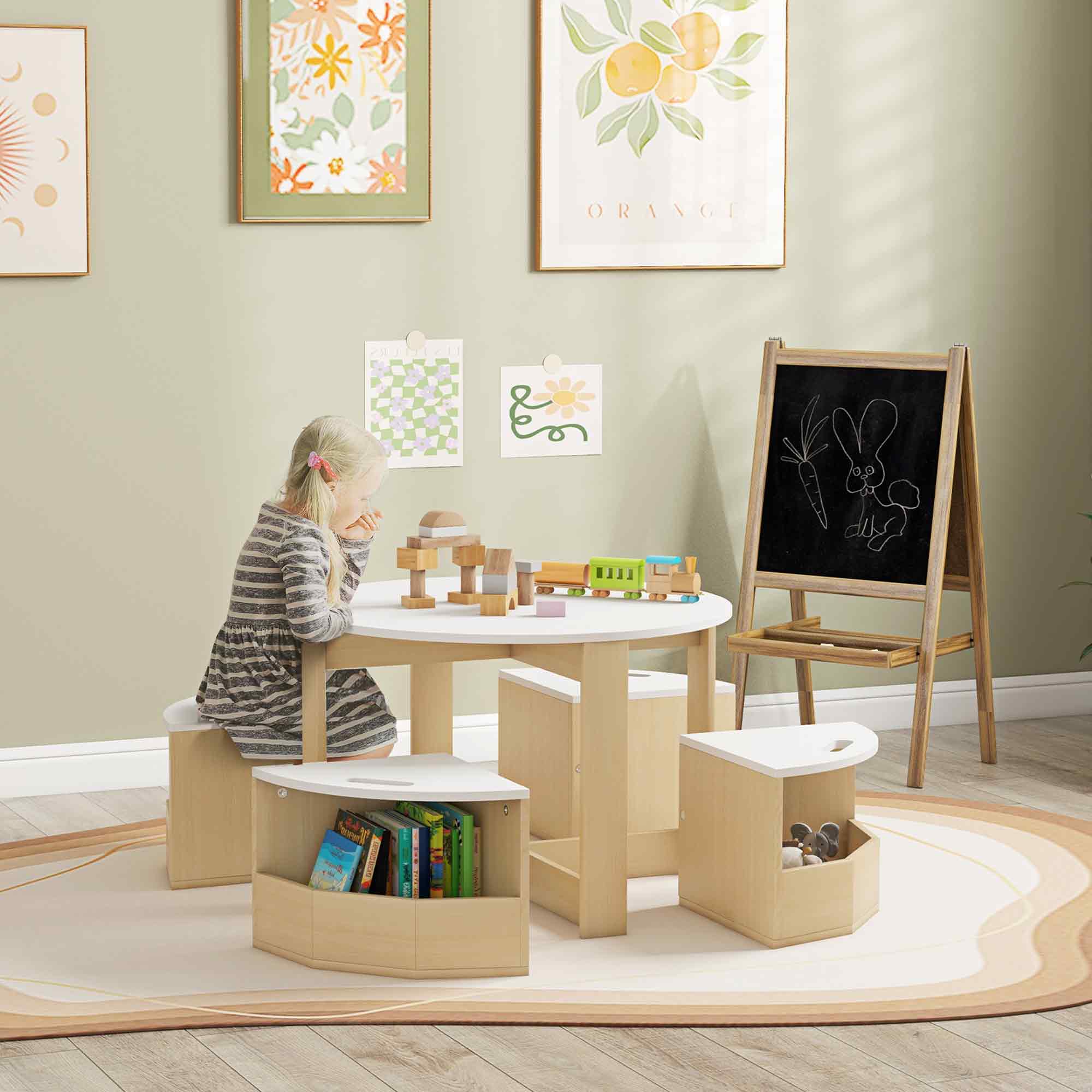 AIYAPLAY Five-Piece Kids Table And Chairs Set With Storage, White - Image 2