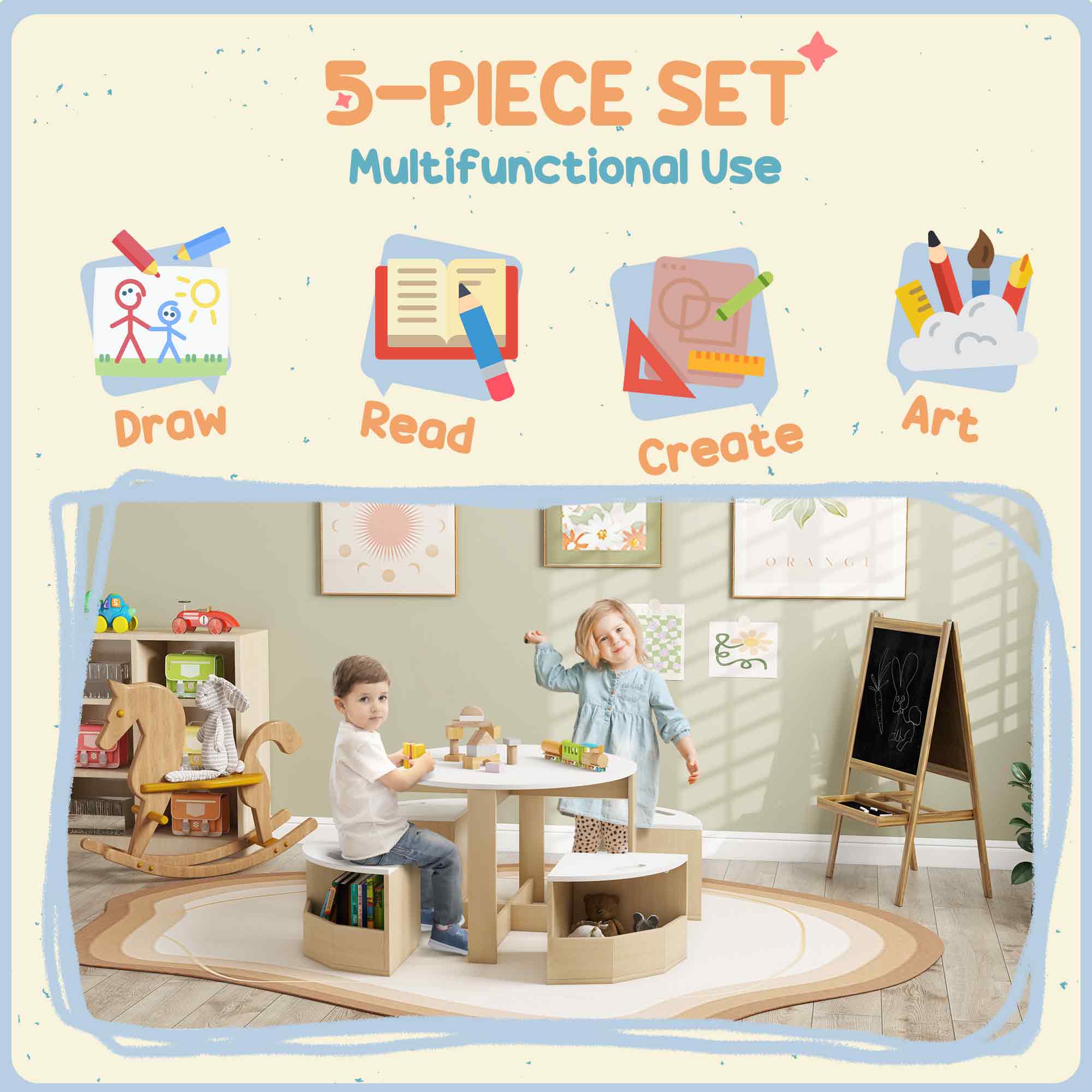 AIYAPLAY Five-Piece Kids Table And Chairs Set With Storage, White - Image 3