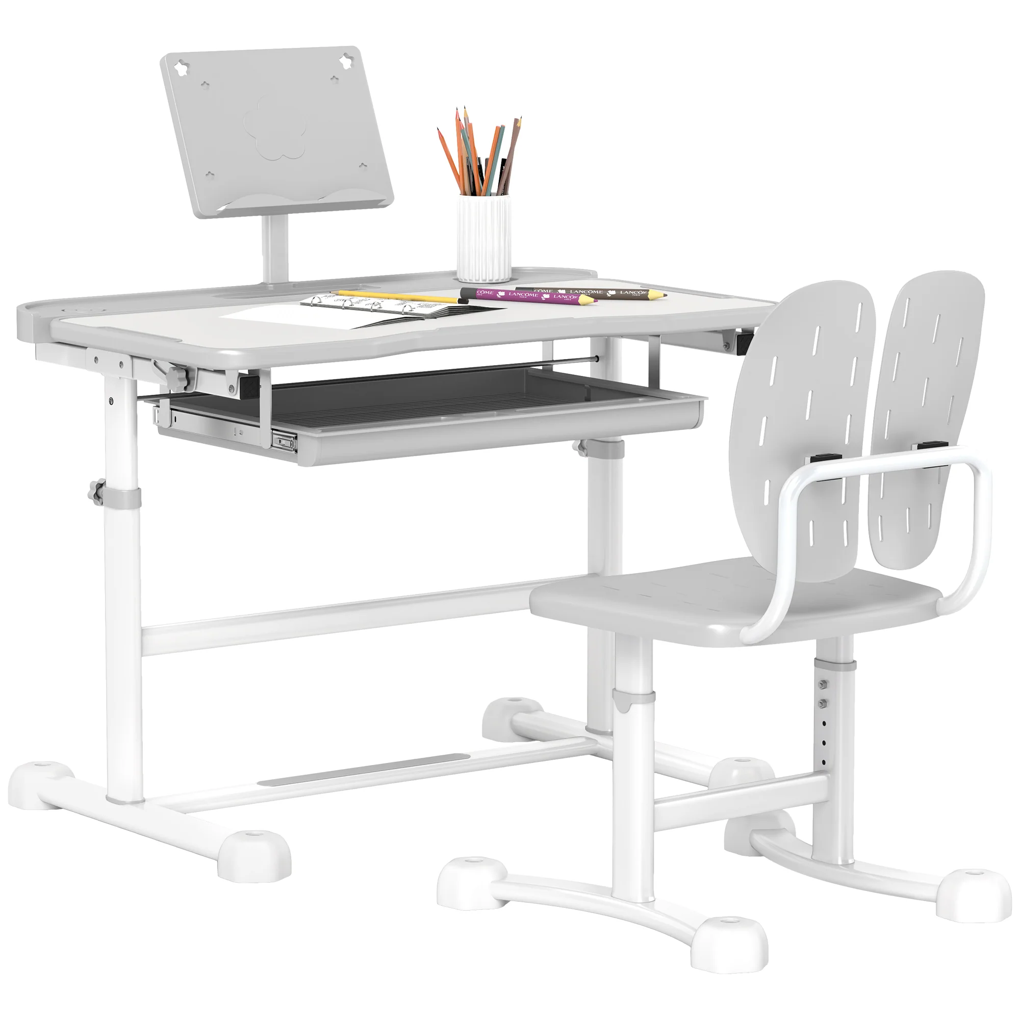 AIYAPLAY Height Adjustable Kids Desk And Chair Set W/ Tilted Desktop - Grey/Pink - Image 10