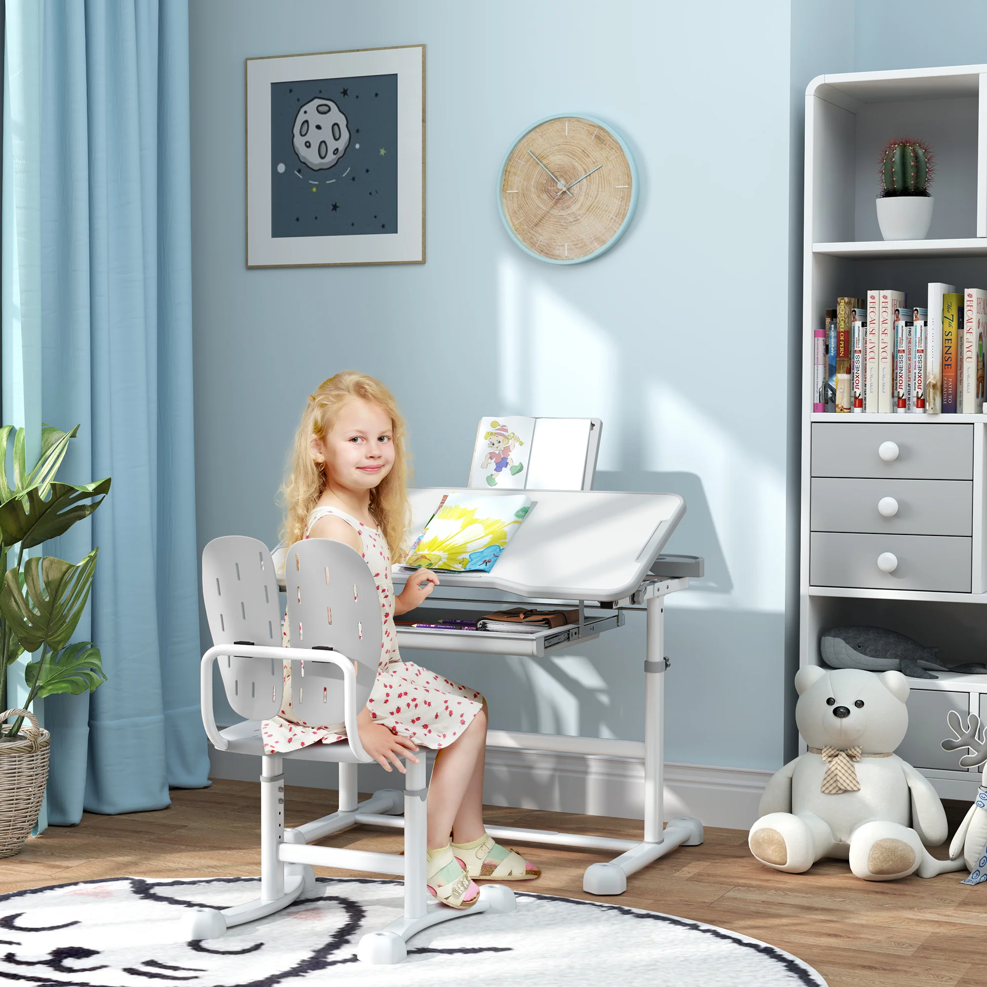 AIYAPLAY Height Adjustable Kids Desk And Chair Set W/ Tilted Desktop - Grey/Pink - Image 11