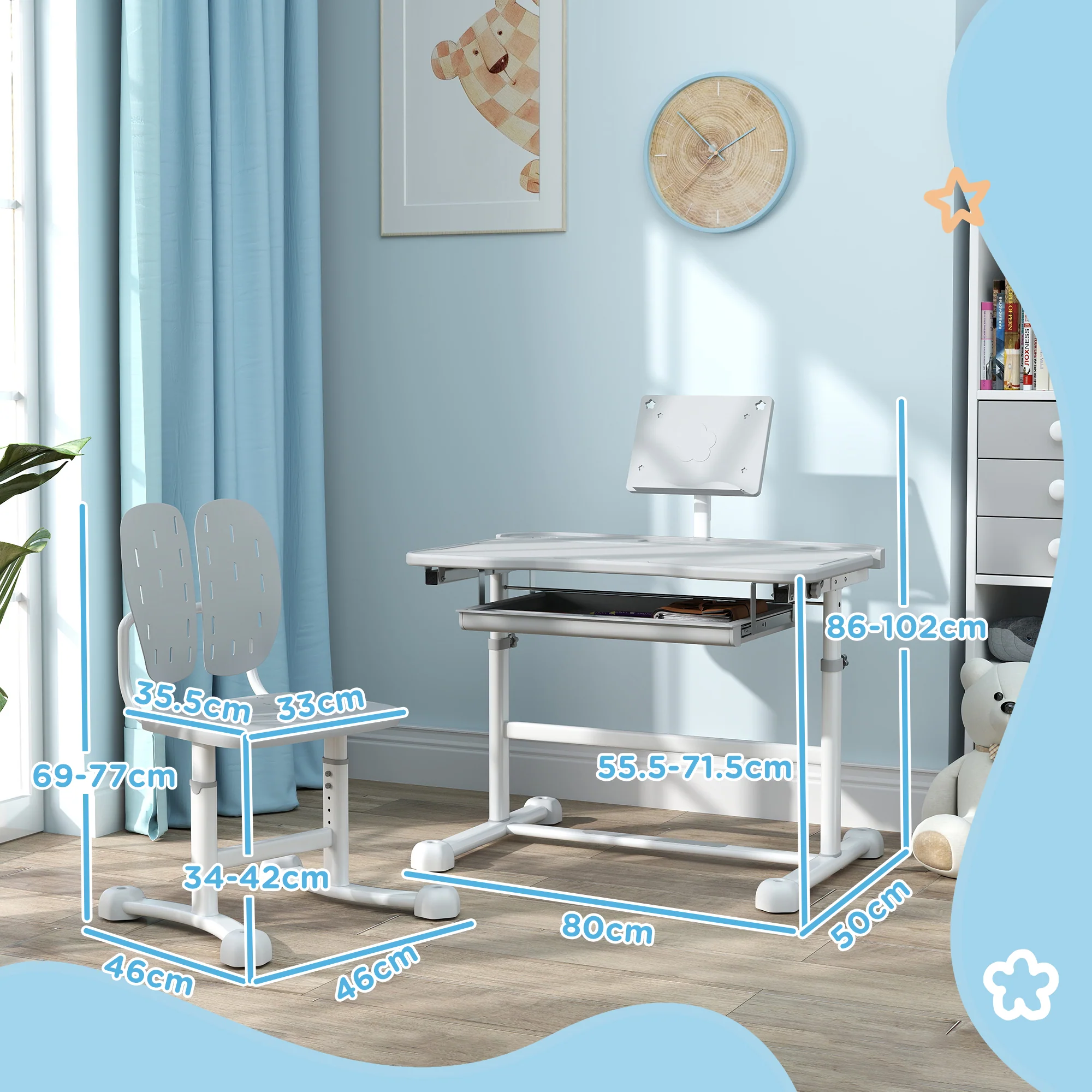 AIYAPLAY Height Adjustable Kids Desk And Chair Set W/ Tilted Desktop - Grey/Pink - Image 14