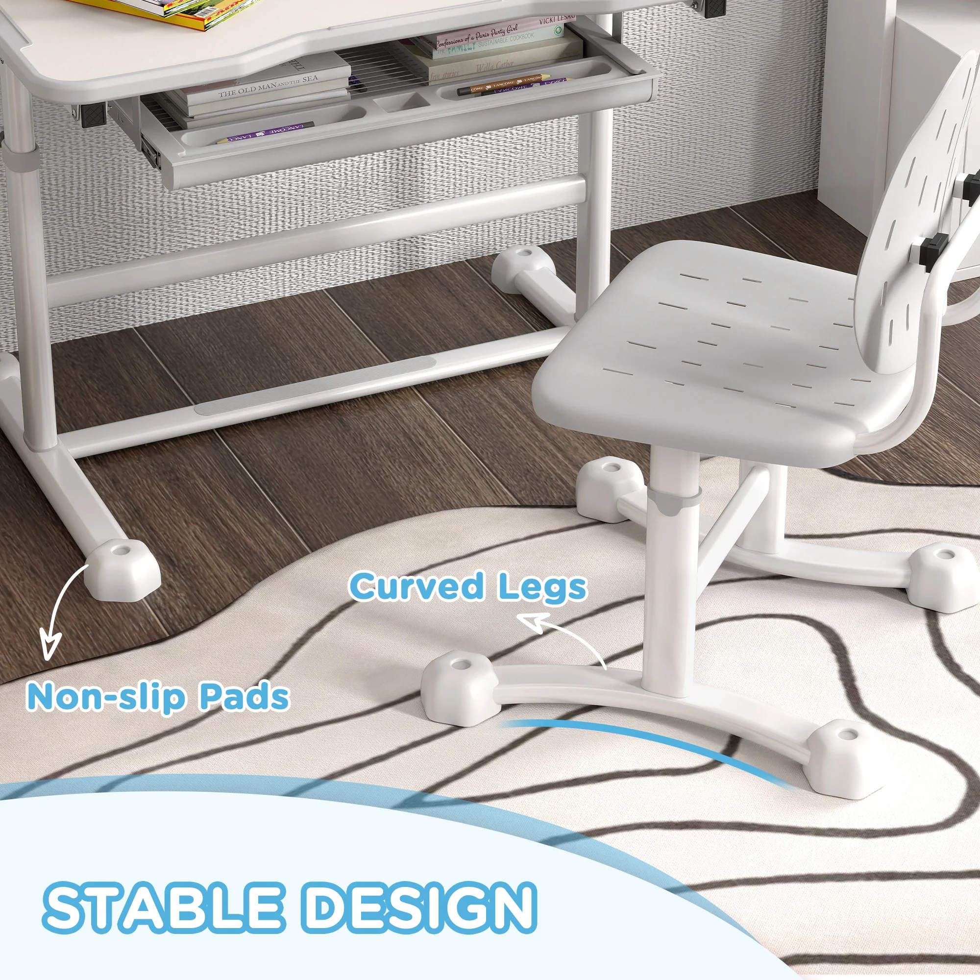 AIYAPLAY Height Adjustable Kids Desk And Chair Set W/ Tilted Desktop - Grey/Pink - Image 15