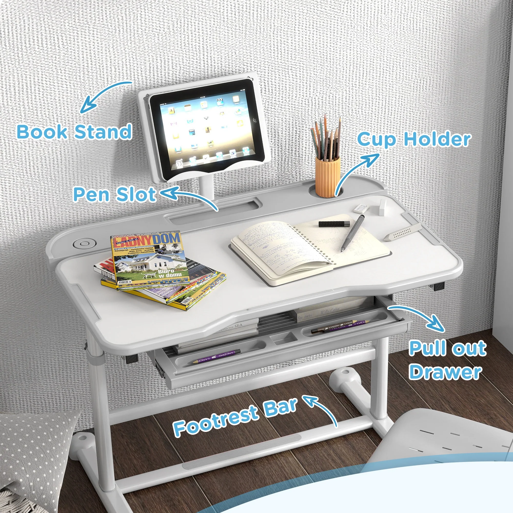 AIYAPLAY Height Adjustable Kids Desk And Chair Set W/ Tilted Desktop - Grey/Pink - Image 16