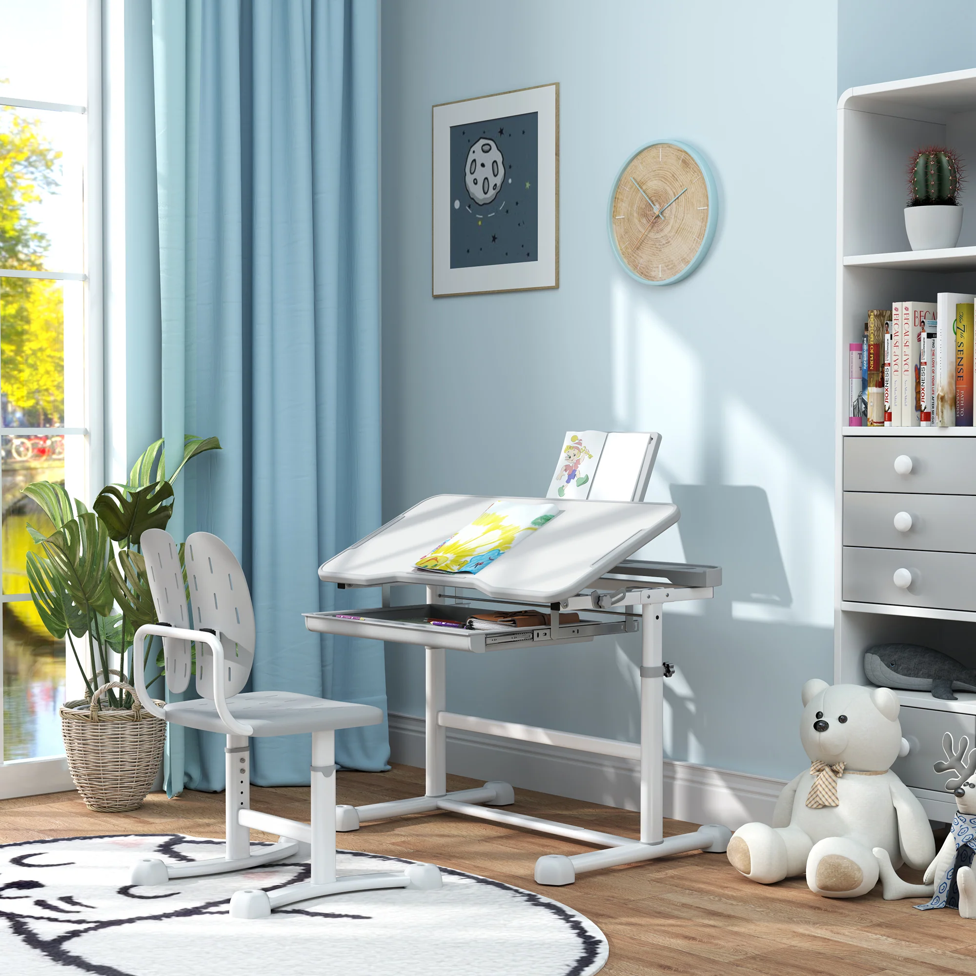 AIYAPLAY Height Adjustable Kids Desk And Chair Set W/ Tilted Desktop - Grey/Pink - Image 17