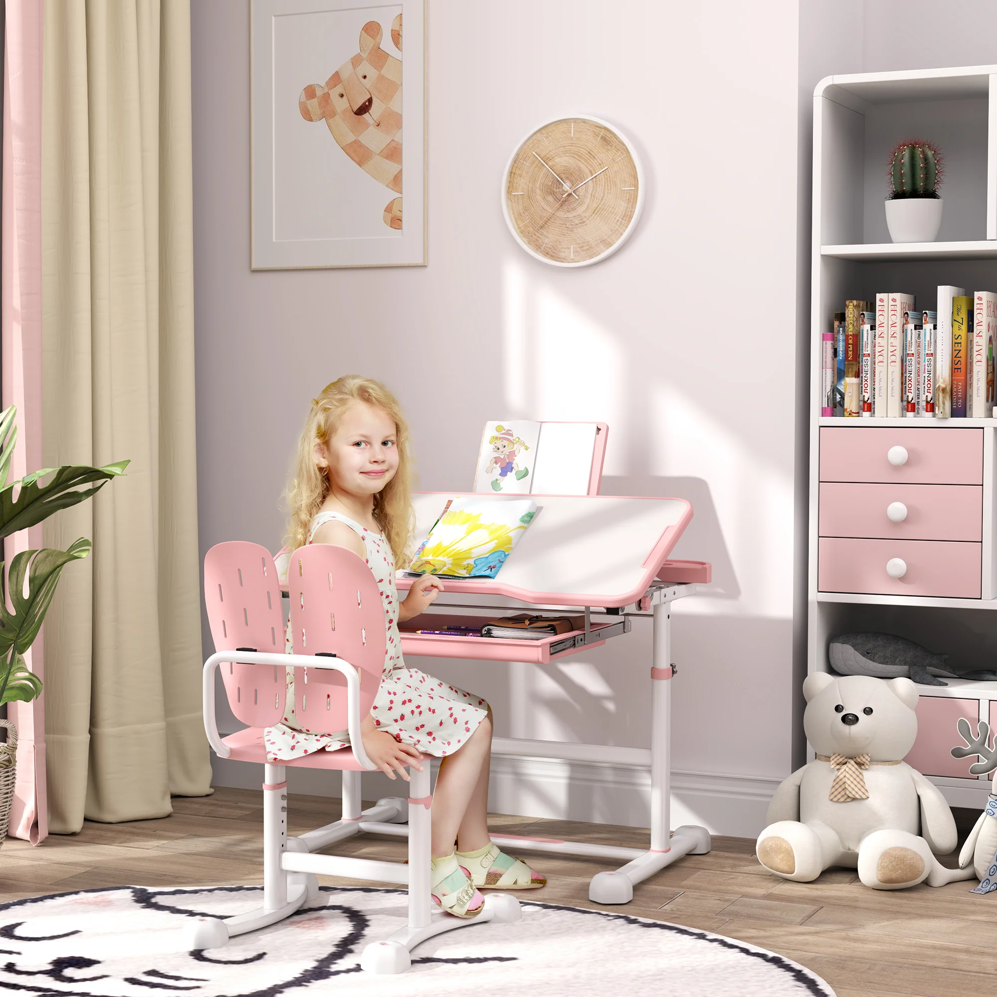AIYAPLAY Height Adjustable Kids Desk And Chair Set W/ Tilted Desktop - Grey/Pink - Image 2