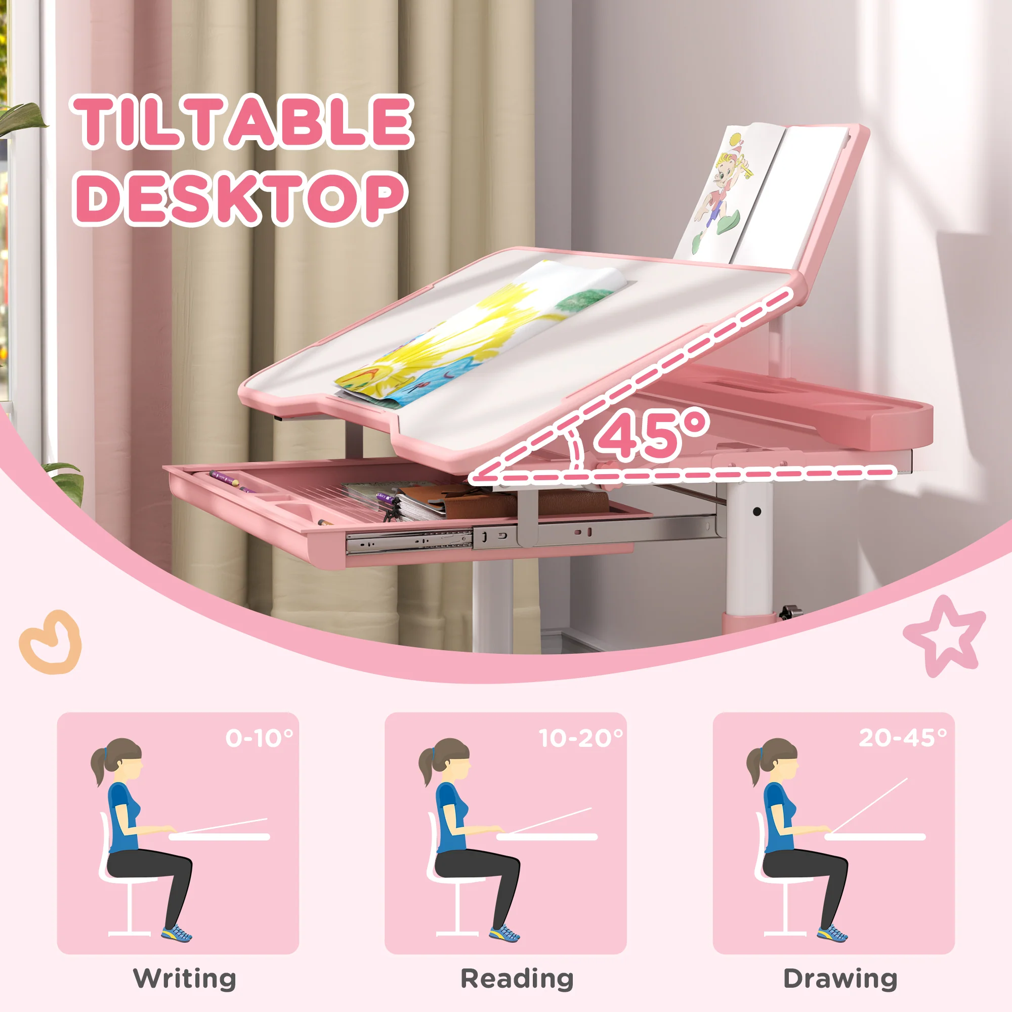 AIYAPLAY Height Adjustable Kids Desk And Chair Set W/ Tilted Desktop - Grey/Pink - Image 3