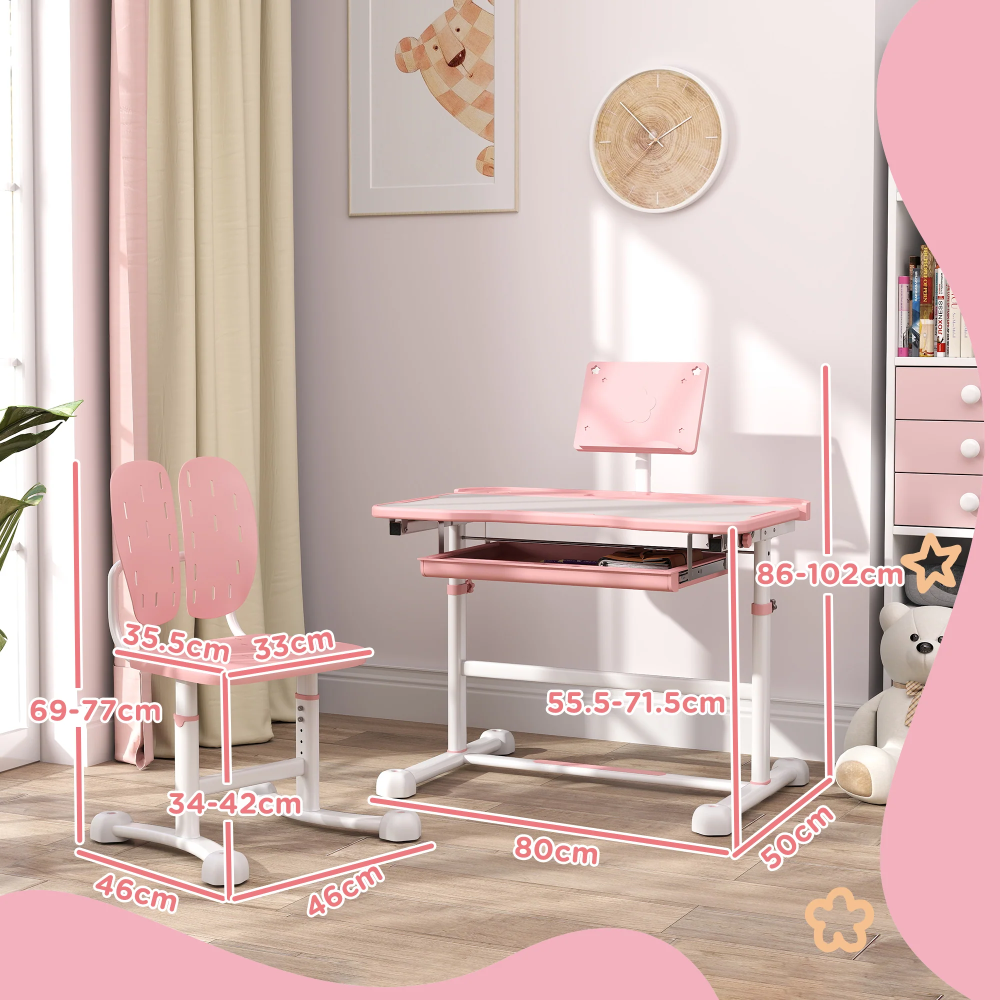 AIYAPLAY Height Adjustable Kids Desk And Chair Set W/ Tilted Desktop - Grey/Pink - Image 5