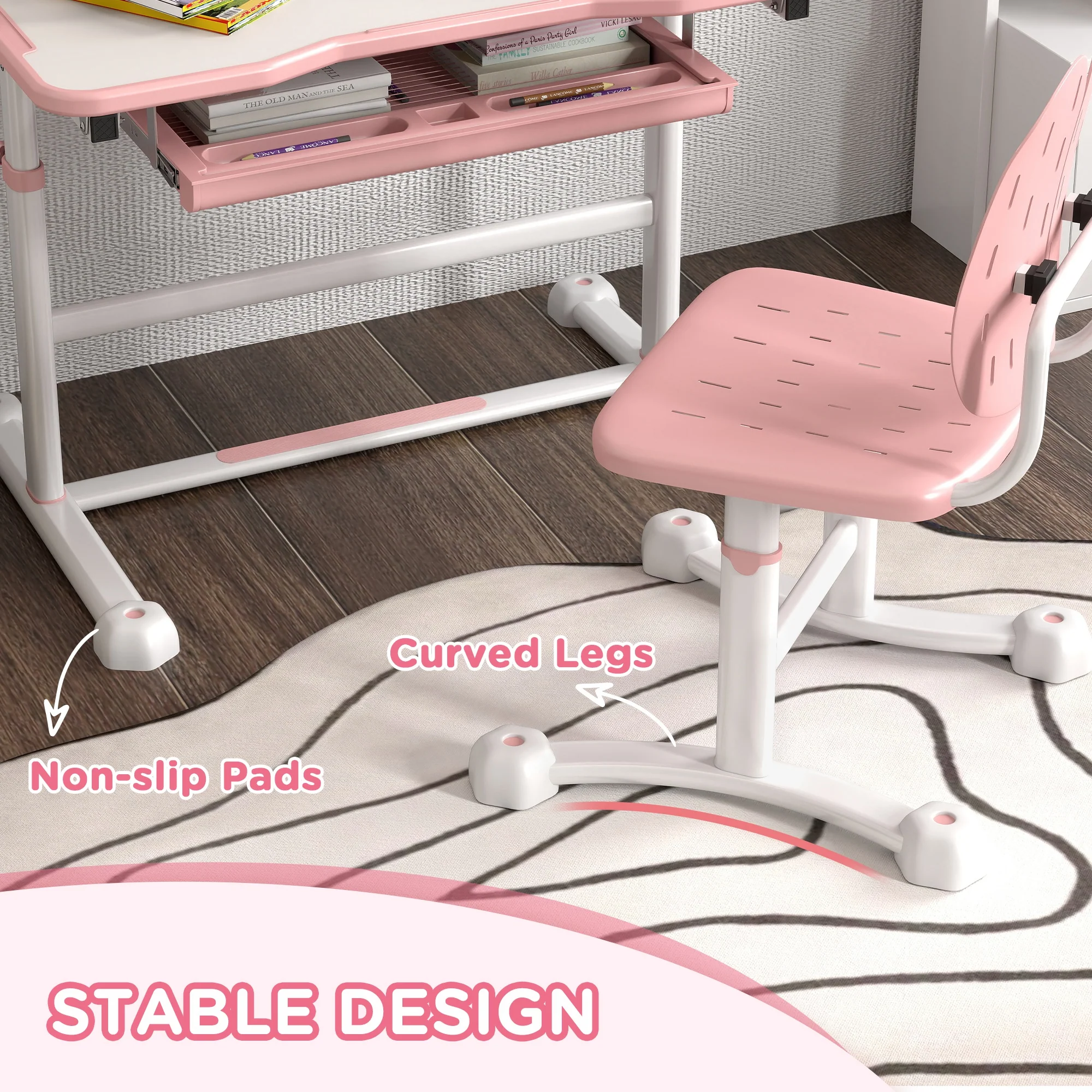 AIYAPLAY Height Adjustable Kids Desk And Chair Set W/ Tilted Desktop - Grey/Pink - Image 6