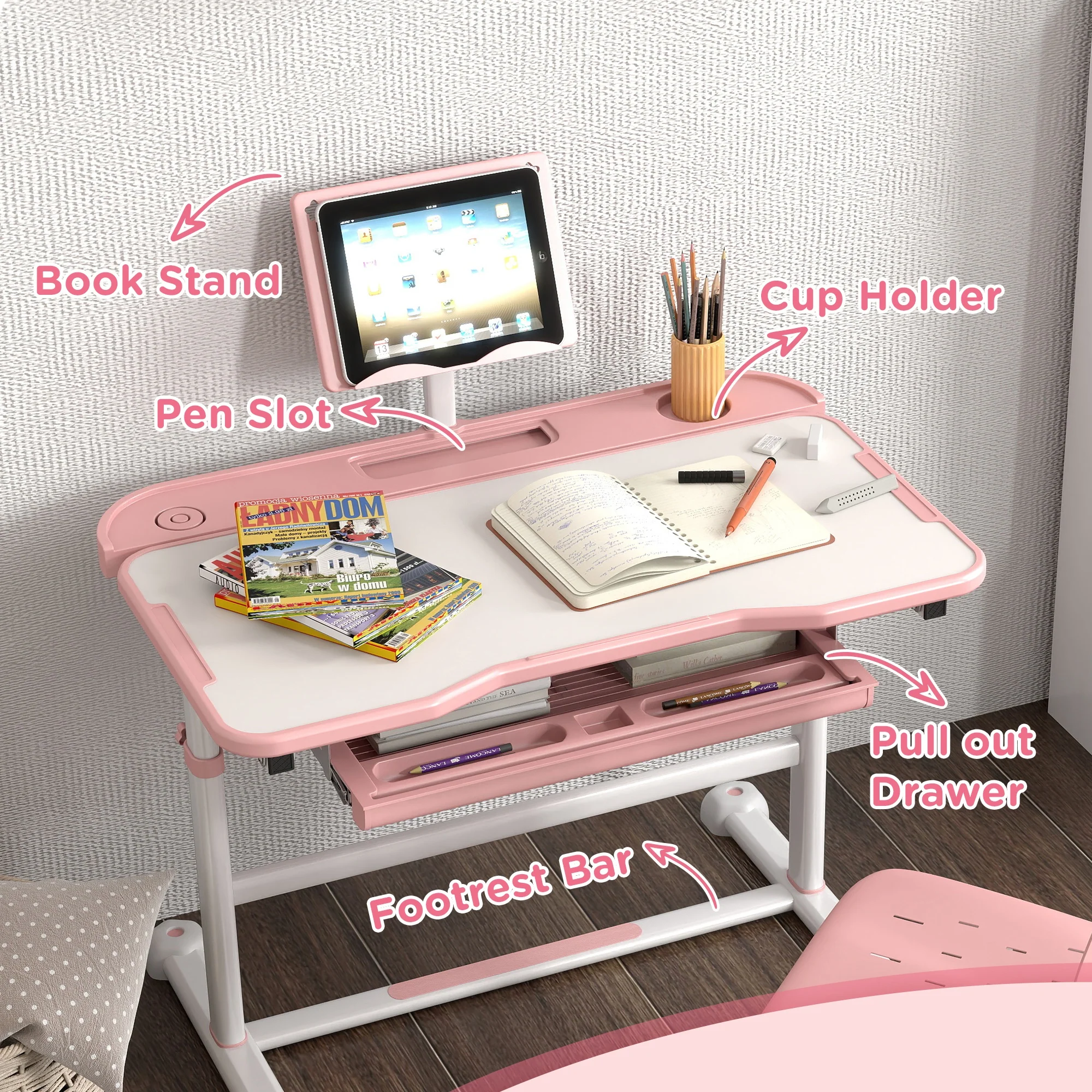 AIYAPLAY Height Adjustable Kids Desk And Chair Set W/ Tilted Desktop - Grey/Pink - Image 7