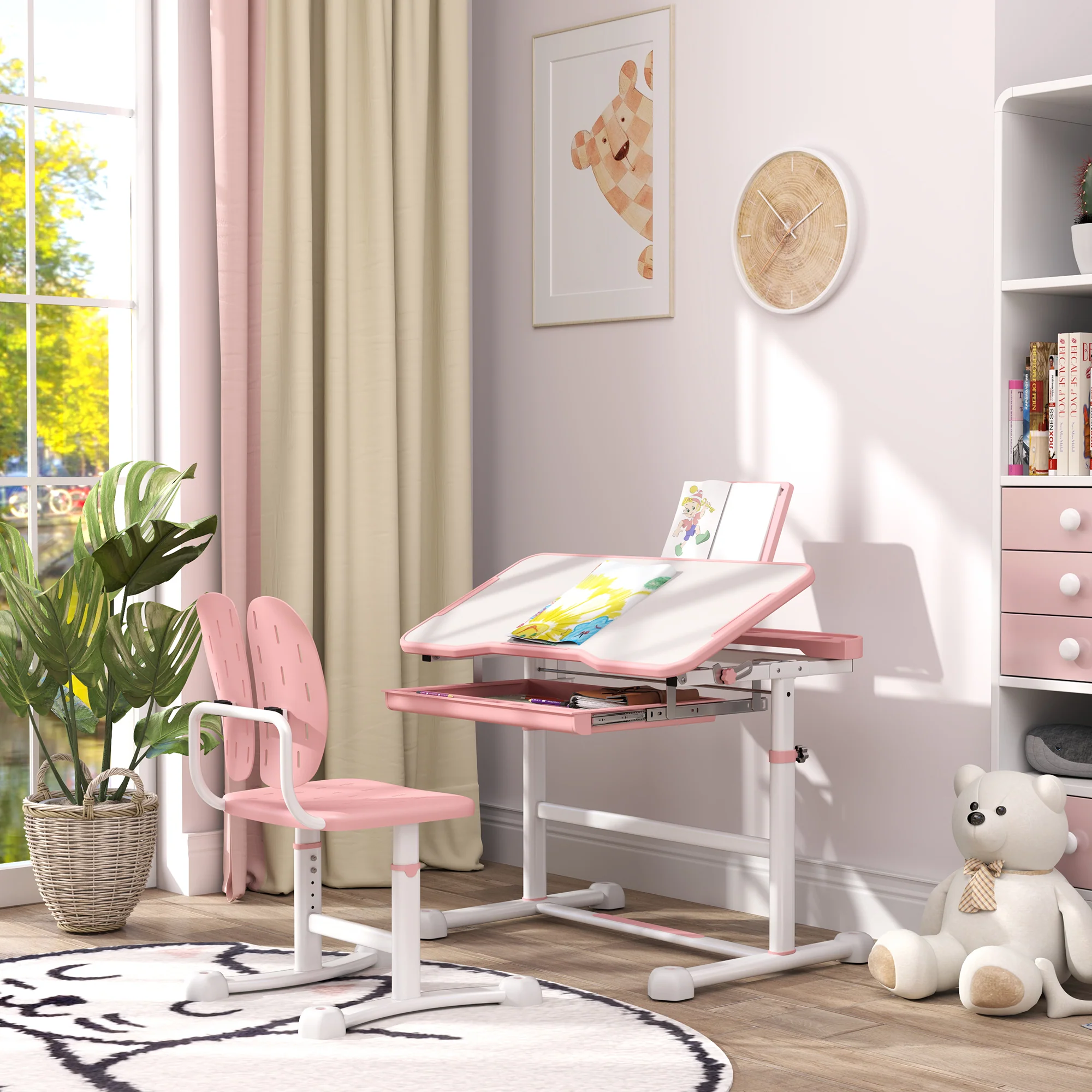 AIYAPLAY Height Adjustable Kids Desk And Chair Set W/ Tilted Desktop - Grey/Pink - Image 8