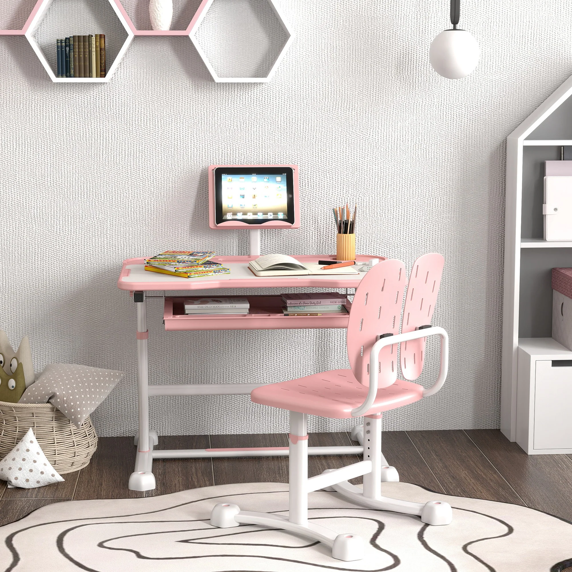 AIYAPLAY Height Adjustable Kids Desk And Chair Set W/ Tilted Desktop - Grey/Pink - Image 9