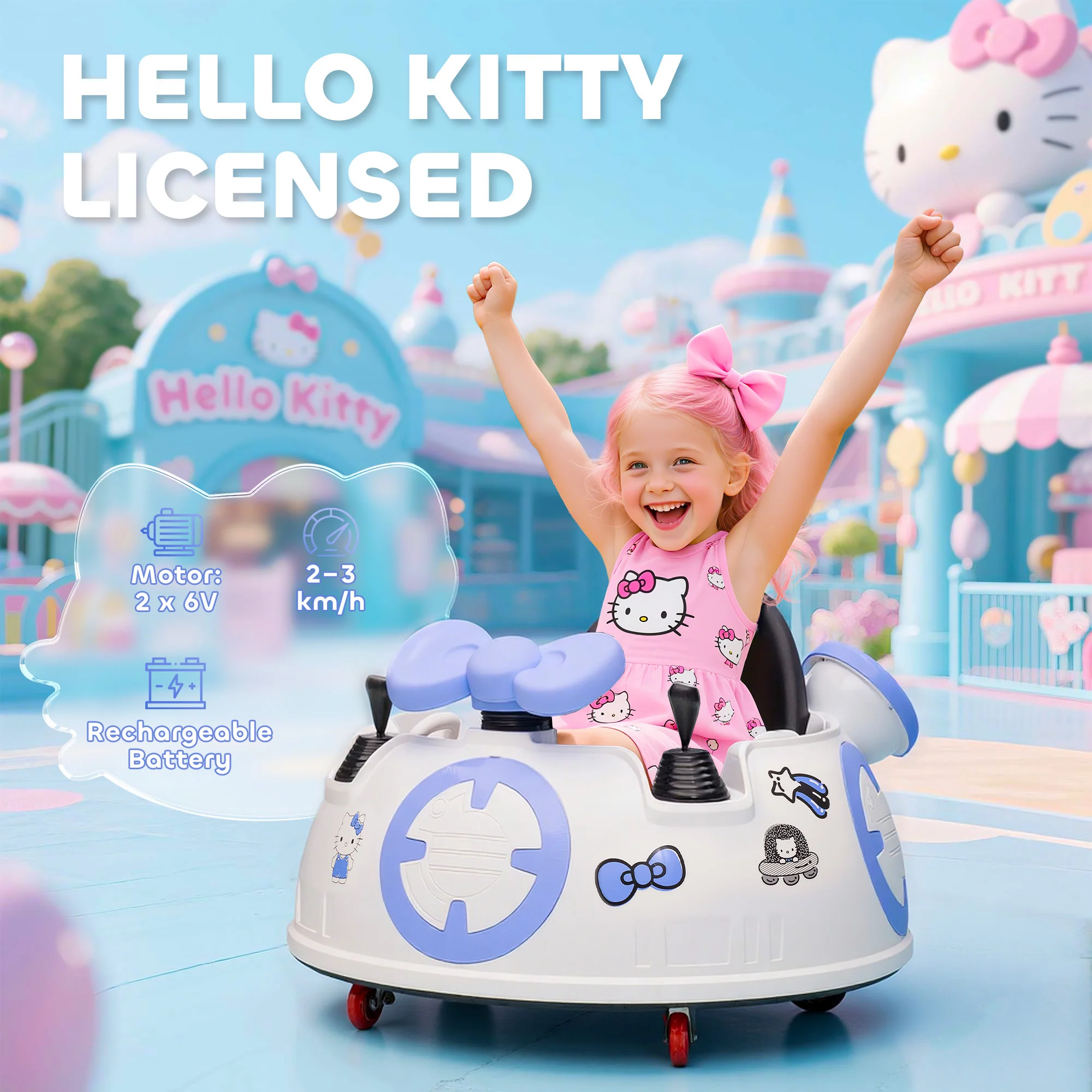 AIYAPLAY Hello Kitty Kids Ride On Bumper Car With Remote Control, White - Image 3