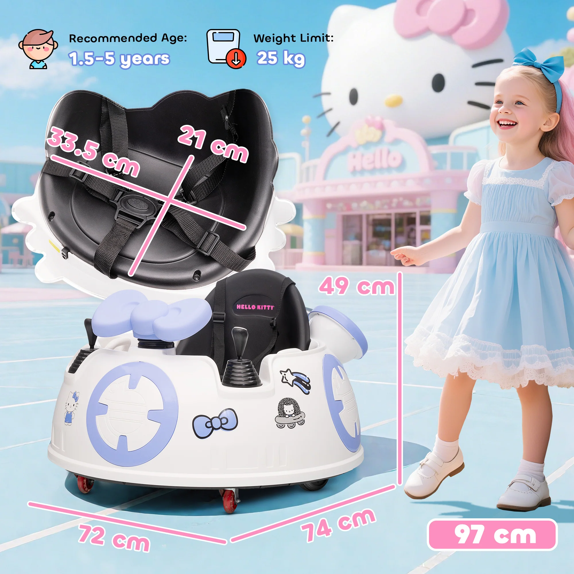 AIYAPLAY Hello Kitty Kids Ride On Bumper Car With Remote Control, White - Image 5