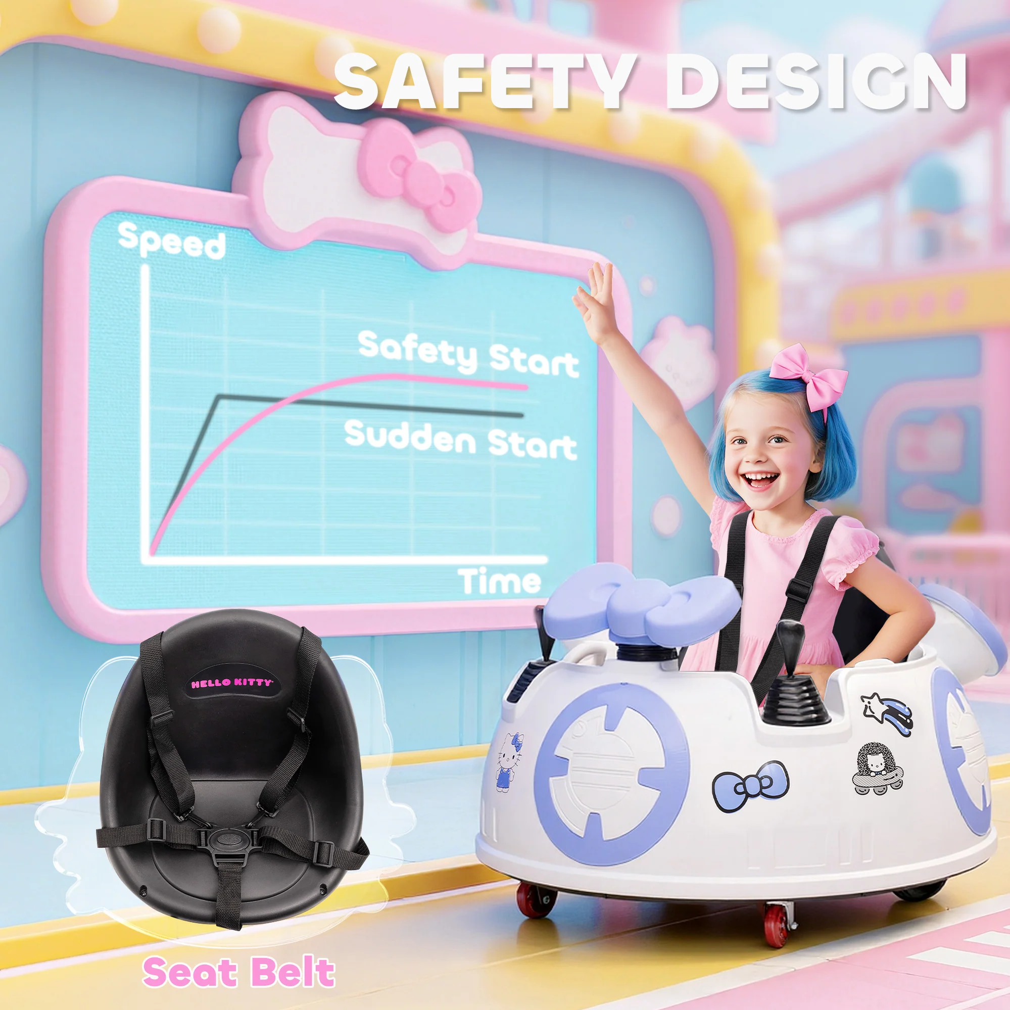 AIYAPLAY Hello Kitty Kids Ride On Bumper Car With Remote Control, White - Image 7