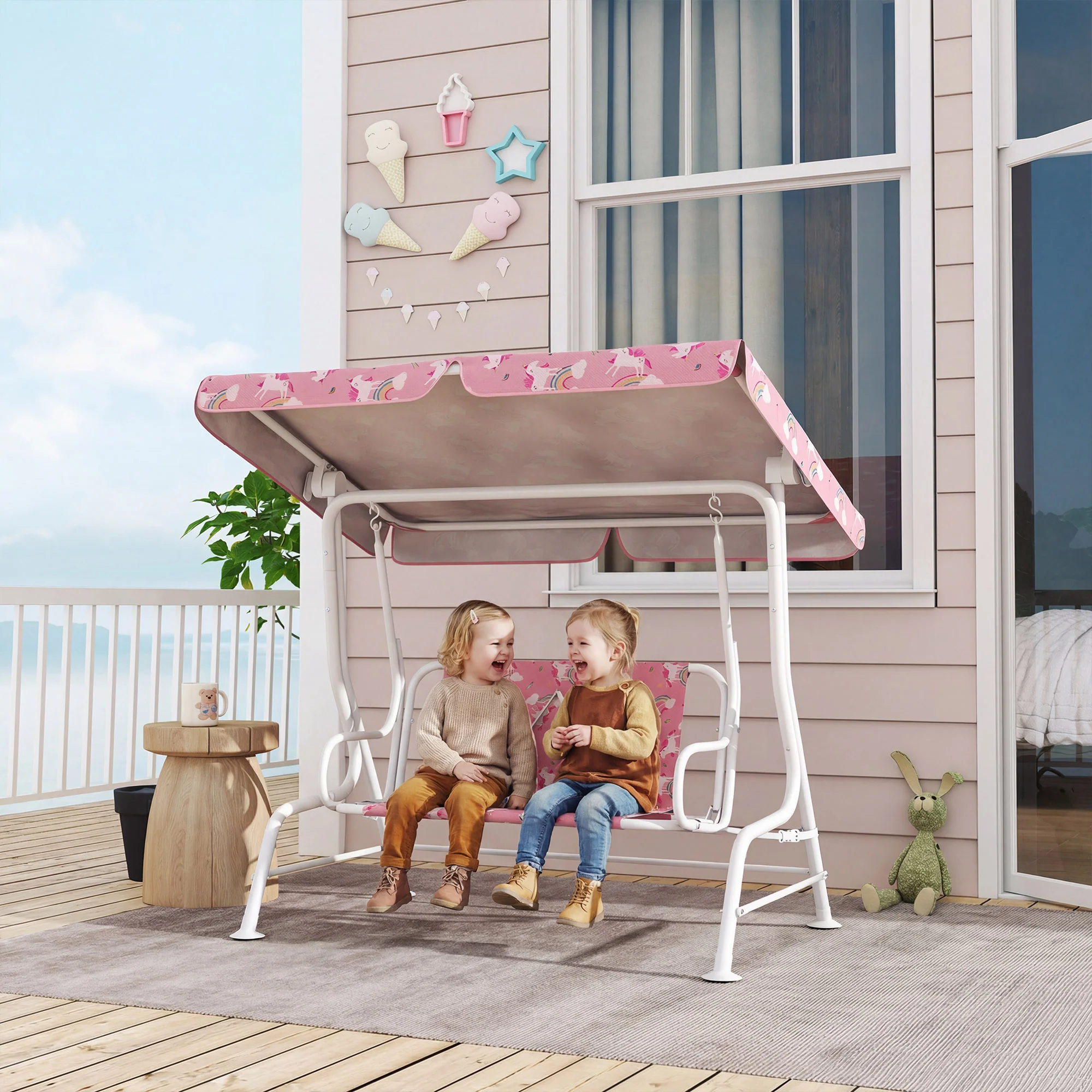 AIYAPLAY Kids 2-Seater Porch Swing with Seat Belts, Adjustable Canopy Pink - Image 2