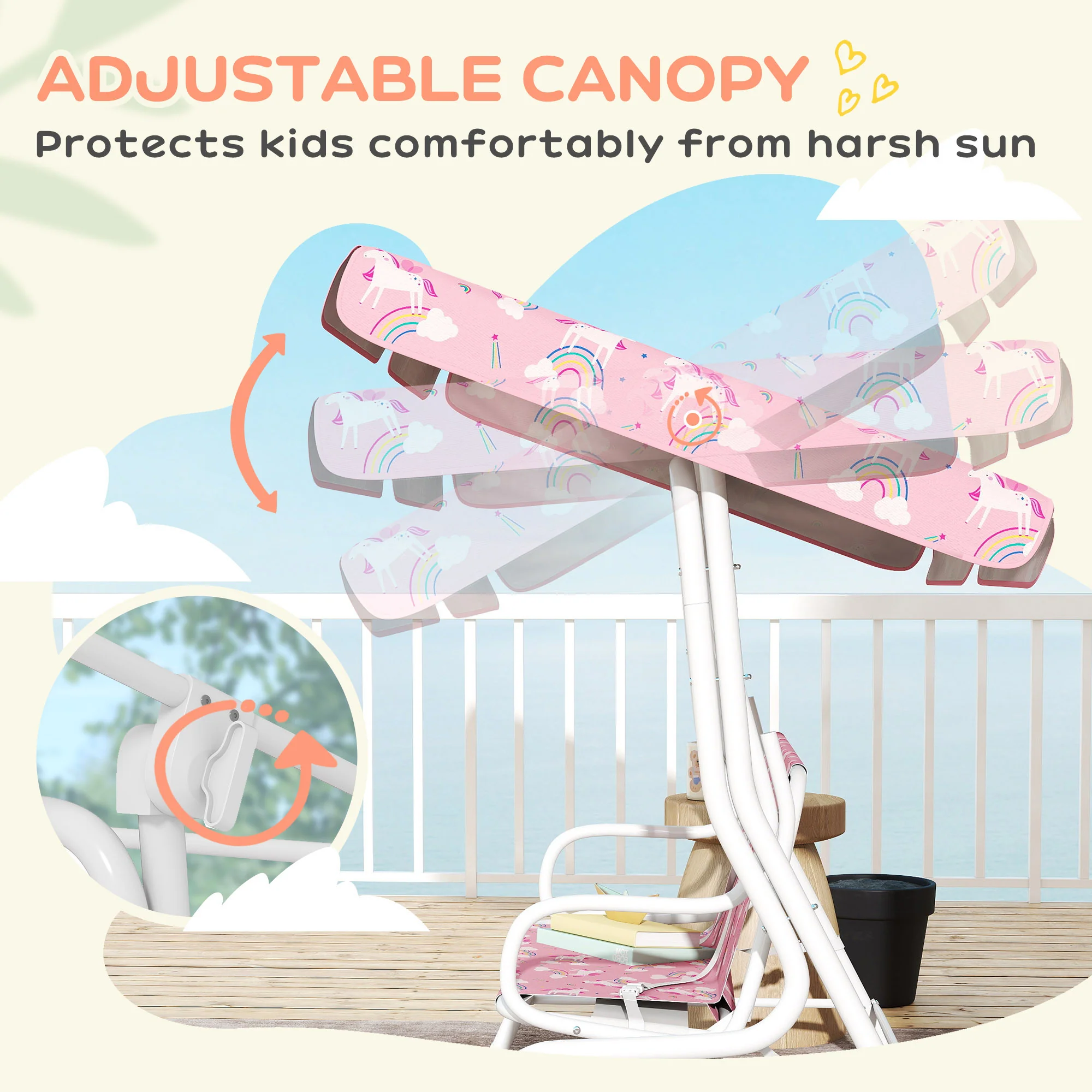 AIYAPLAY Kids 2-Seater Porch Swing with Seat Belts, Adjustable Canopy Pink - Image 3