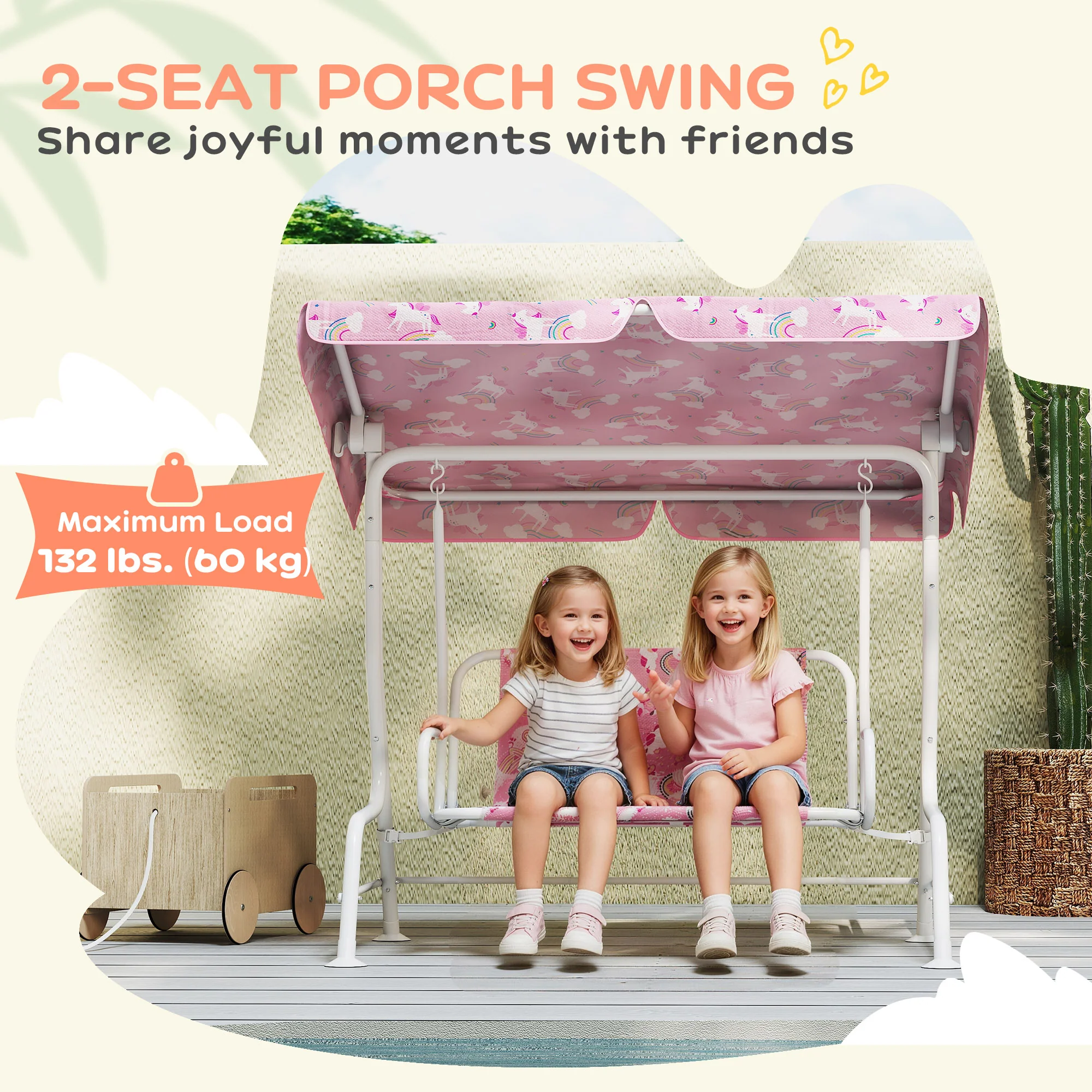 AIYAPLAY Kids 2-Seater Porch Swing with Seat Belts, Adjustable Canopy Pink - Image 4