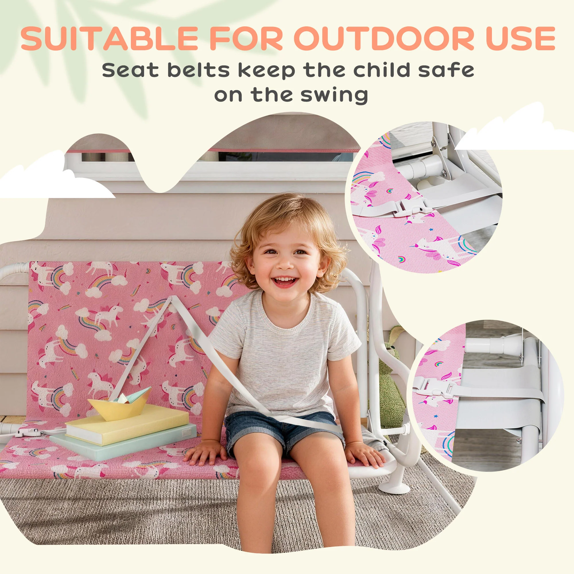 AIYAPLAY Kids 2-Seater Porch Swing with Seat Belts, Adjustable Canopy Pink - Image 7