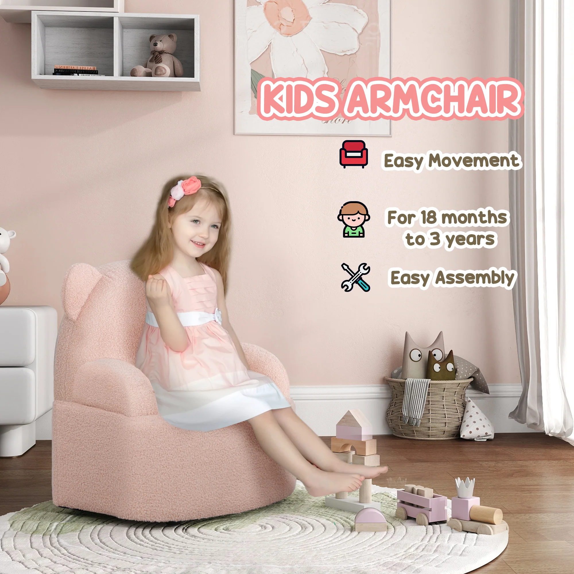 AIYAPLAY Kids Armchair, Bear Shaped Toddler Chair For Bedroom - Pink/Khaki - Image 5
