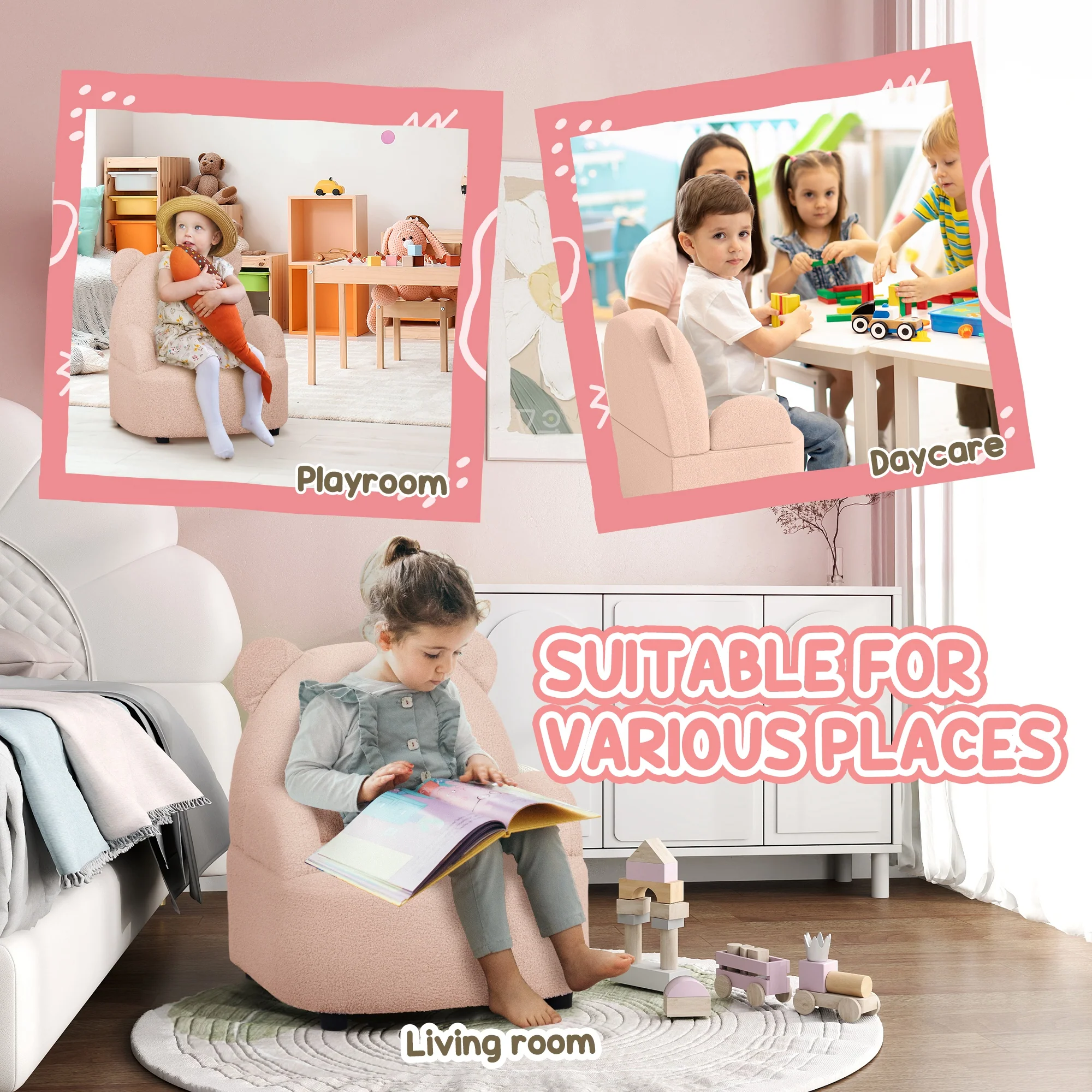 AIYAPLAY Kids Armchair, Bear Shaped Toddler Chair For Bedroom - Pink/Khaki - Image 6