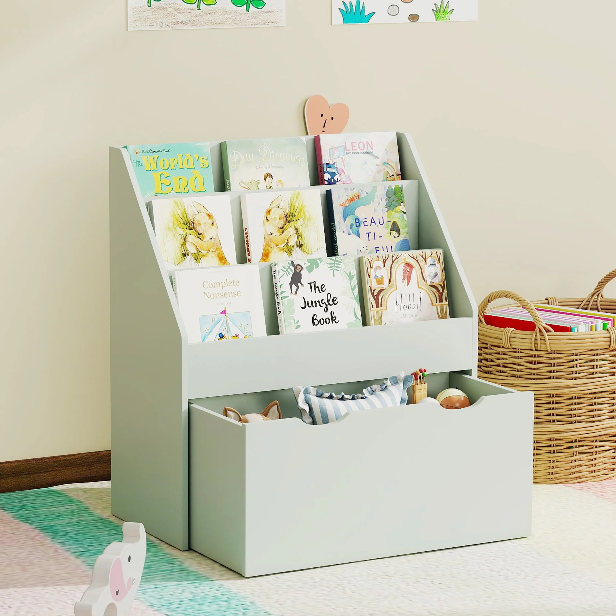 AIYAPLAY Kids Bookcase W/ 3 Tier Shelves, Drawer, For Bedroom, Nursery, Green - Image 8