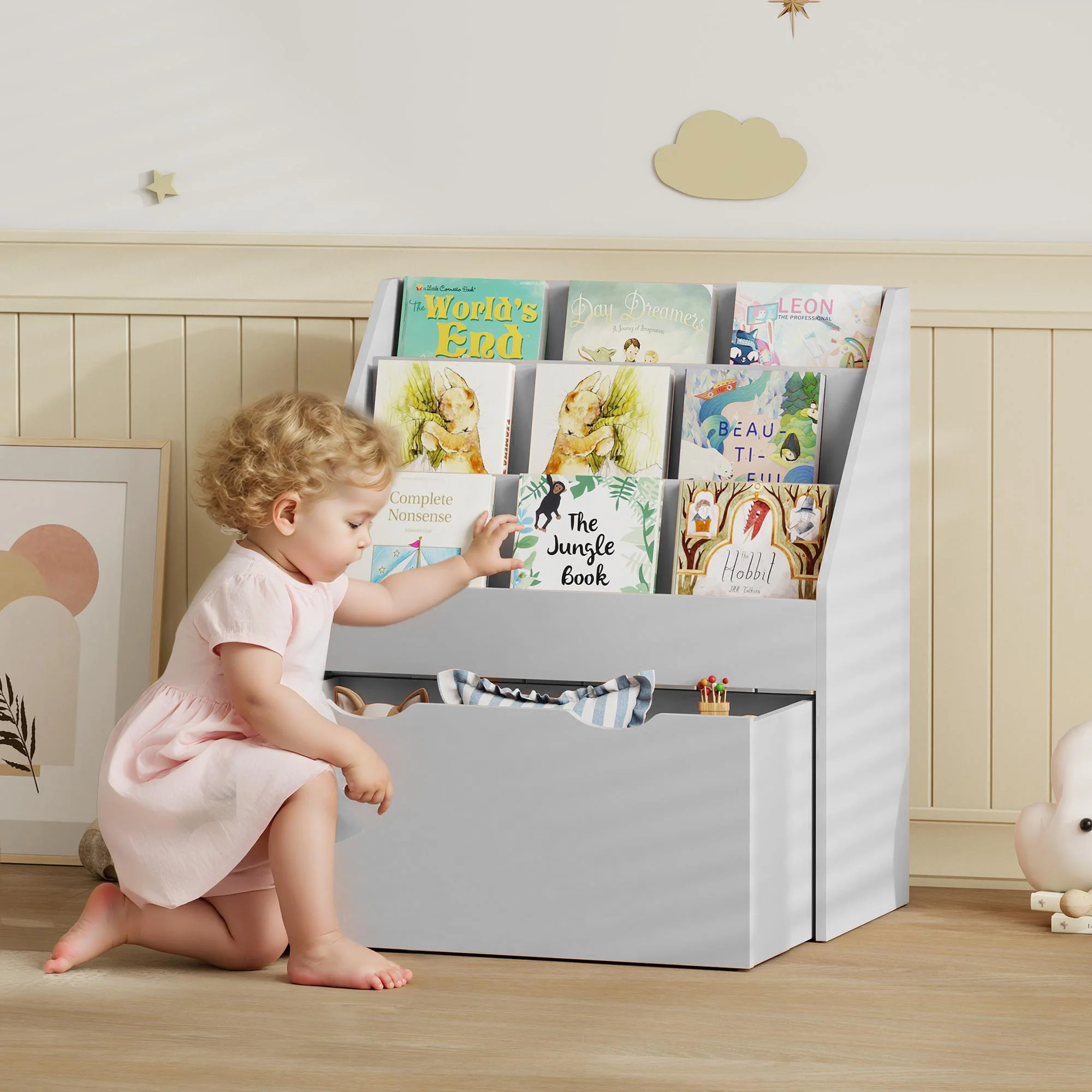 AIYAPLAY Kids Bookcase W/ 3 Tier Shelves, Drawer, For Bedroom, Nursery, Grey - Image 2