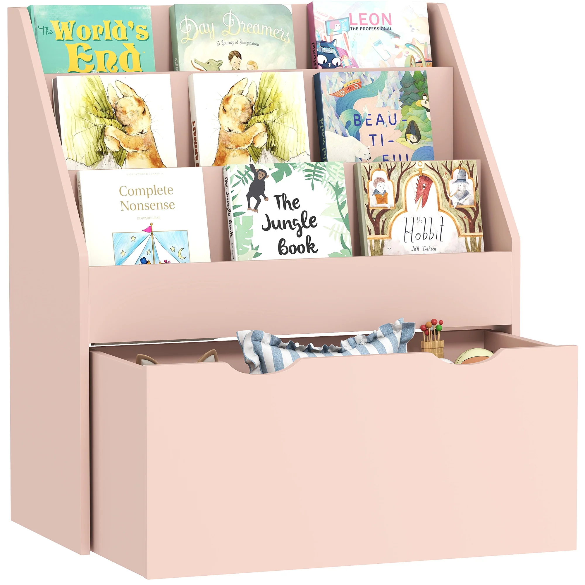 AIYAPLAY Kids Bookcase W/ 3 Tier Shelves, Drawer, For Bedroom, Nursery, Pink