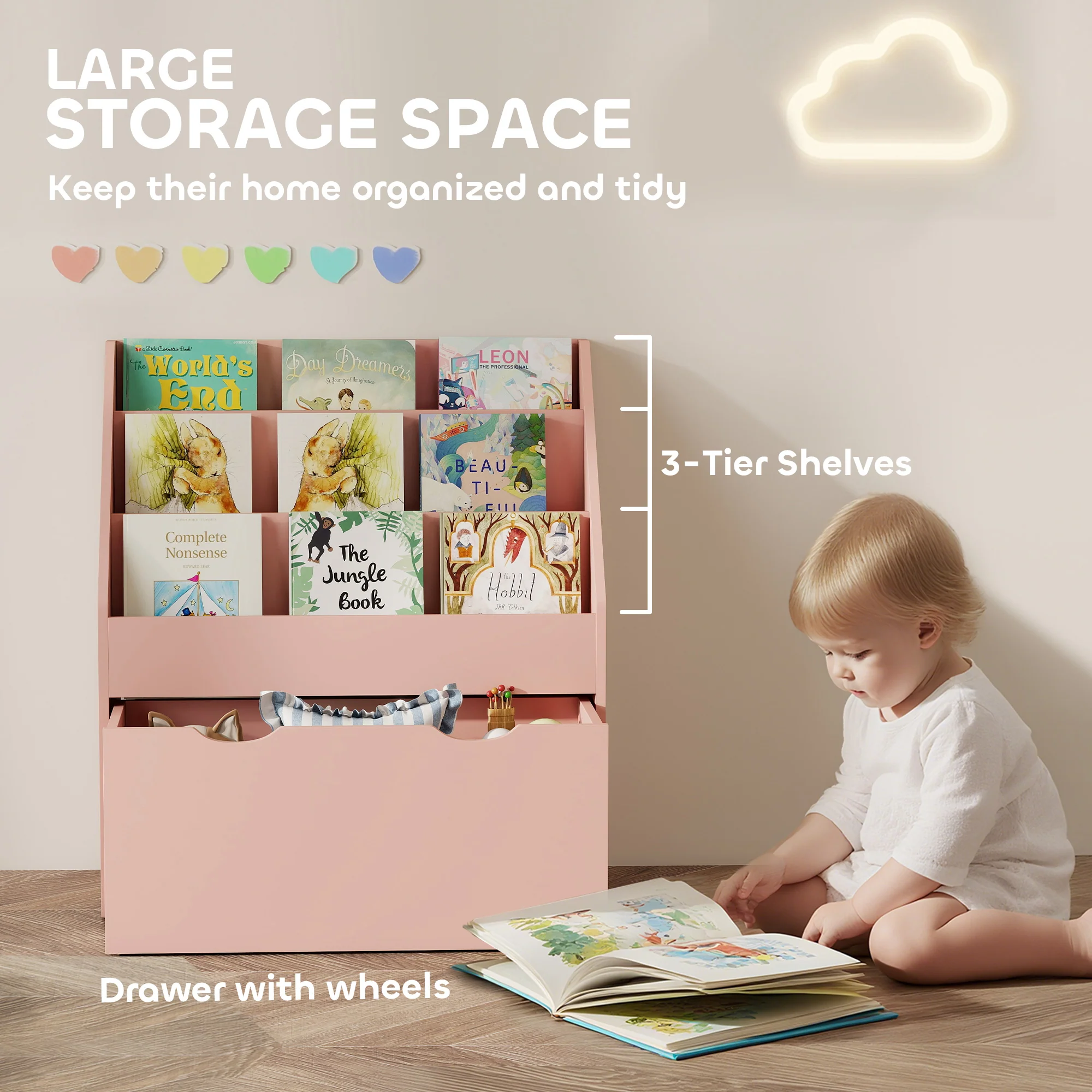 AIYAPLAY Kids Bookcase W/ 3 Tier Shelves, Drawer, For Bedroom, Nursery, Pink - Image 3