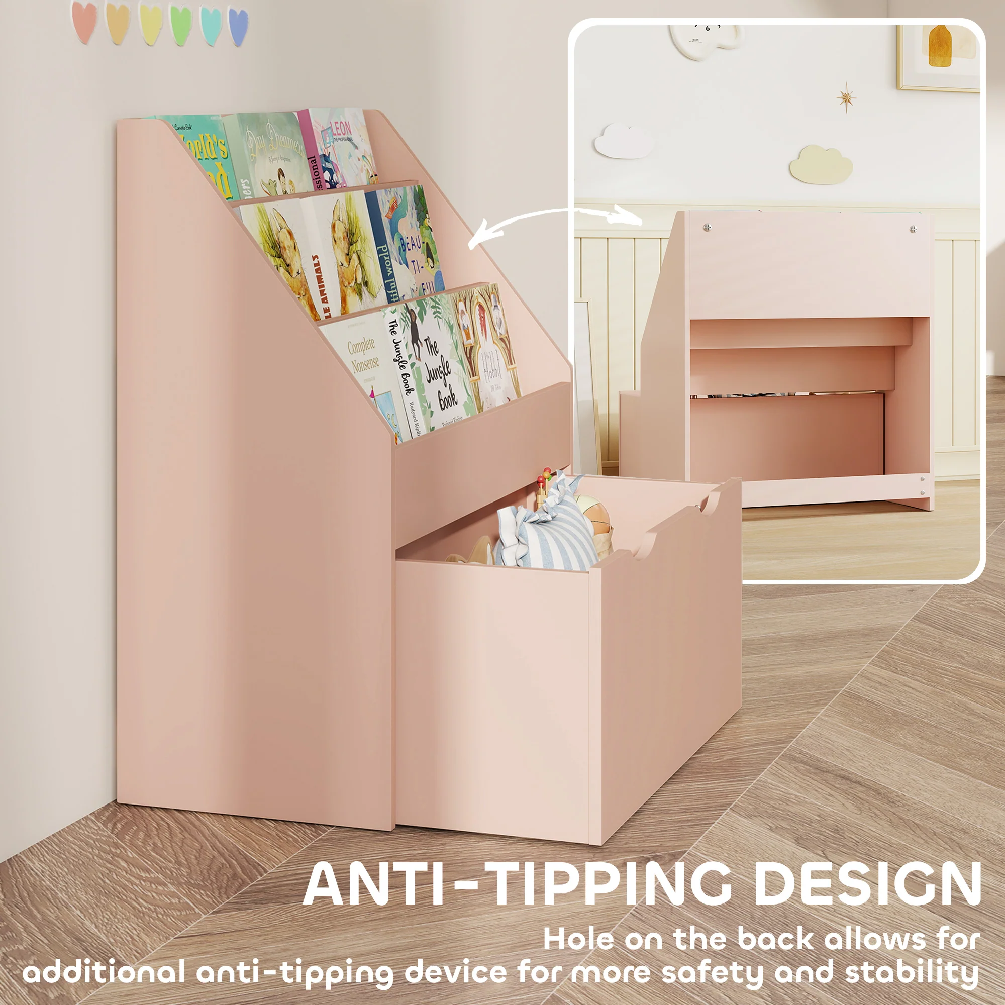 AIYAPLAY Kids Bookcase W/ 3 Tier Shelves, Drawer, For Bedroom, Nursery, Pink - Image 4