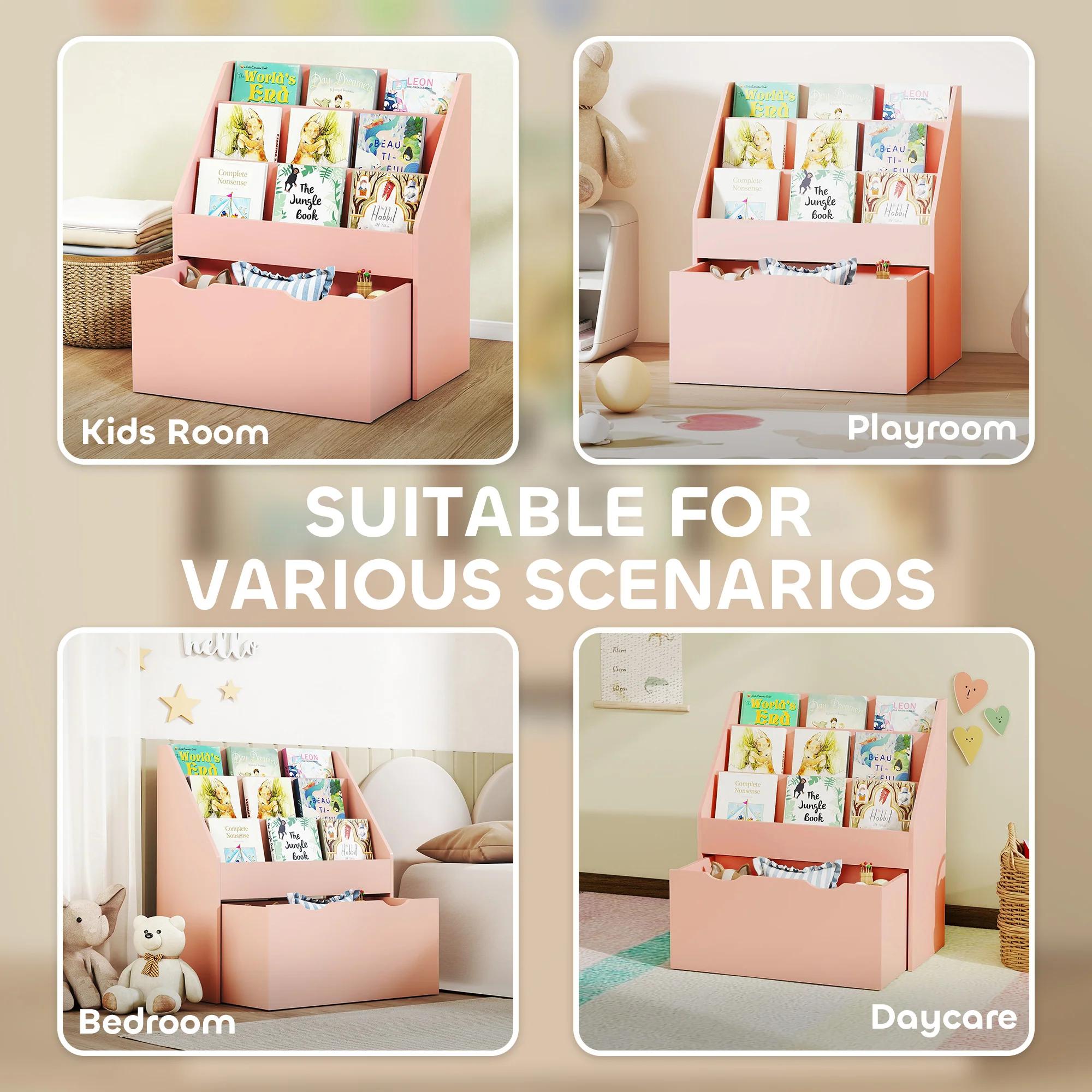 AIYAPLAY Kids Bookcase W/ 3 Tier Shelves, Drawer, For Bedroom, Nursery, Pink - Image 7