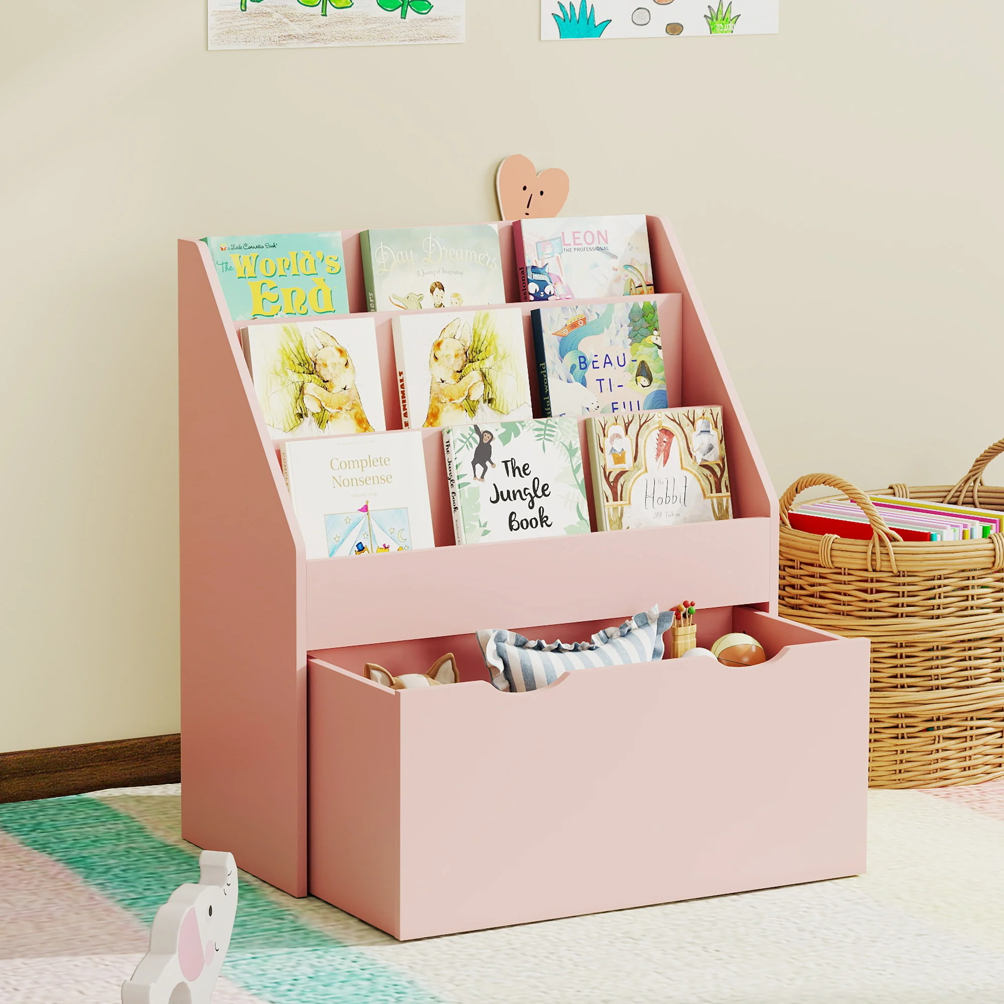 AIYAPLAY Kids Bookcase W/ 3 Tier Shelves, Drawer, For Bedroom, Nursery, Pink - Image 8
