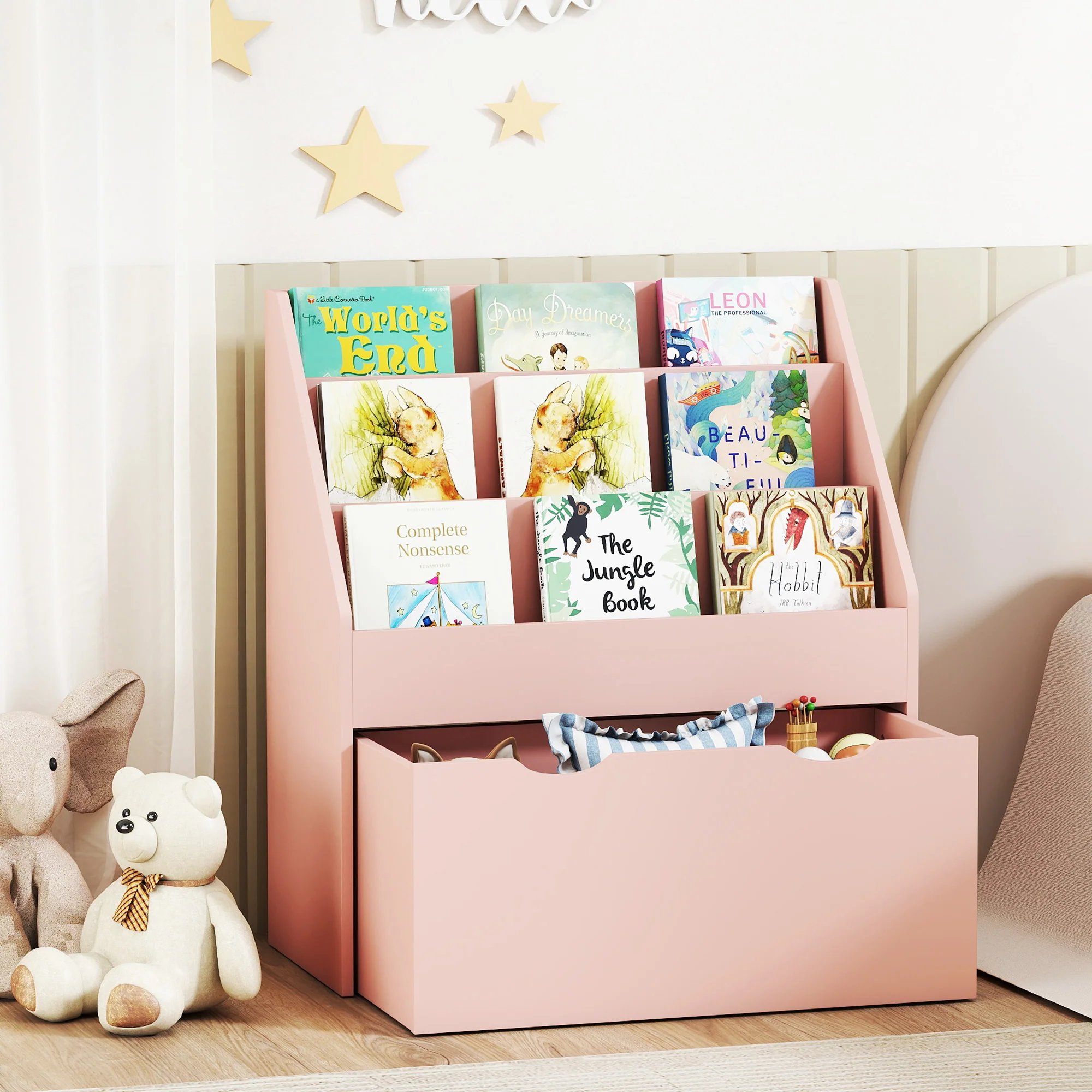 AIYAPLAY Kids Bookcase W/ 3 Tier Shelves, Drawer, For Bedroom, Nursery, Pink - Image 9