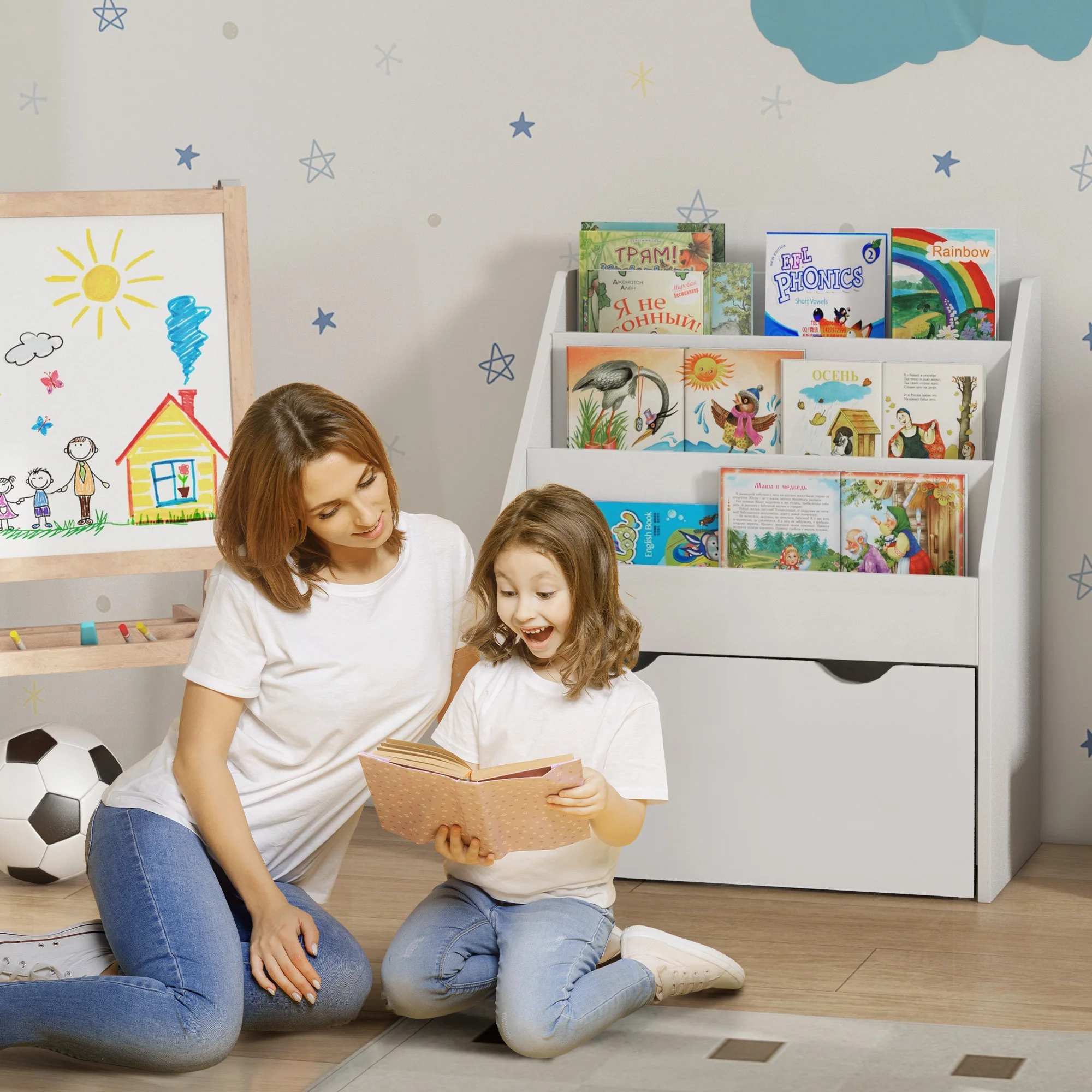 AIYAPLAY Kids Bookcase w/ 3 Tier Shelves, Drawer, for Bedroom, Nursery, White - Image 2