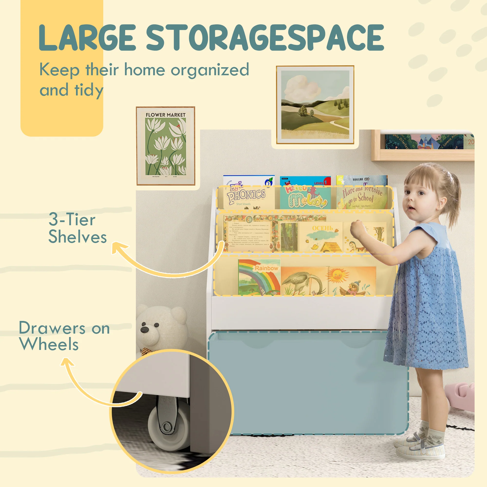 AIYAPLAY Kids Bookcase w/ 3 Tier Shelves, Drawer, for Bedroom, Nursery, White - Image 3