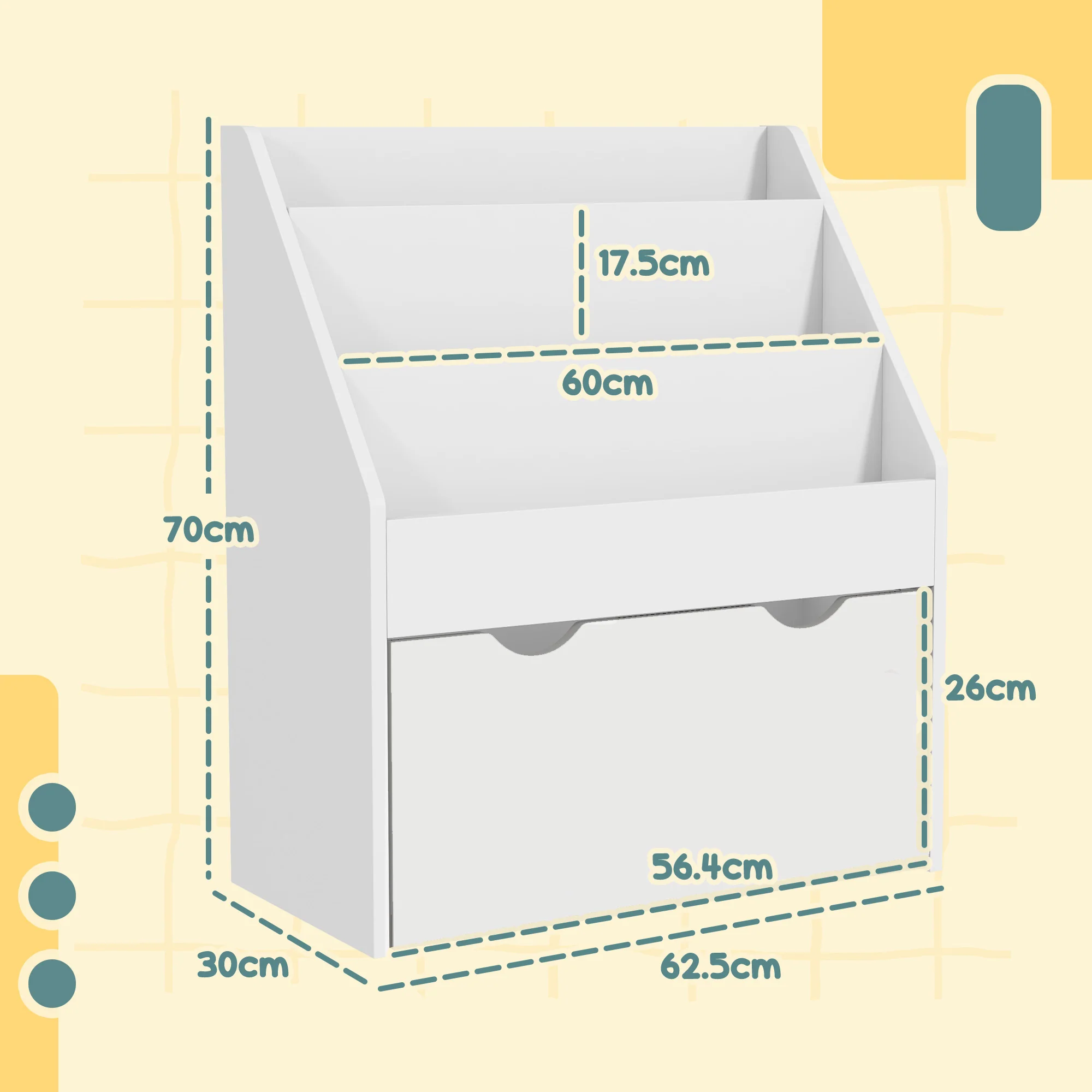 AIYAPLAY Kids Bookcase w/ 3 Tier Shelves, Drawer, for Bedroom, Nursery, White - Image 5