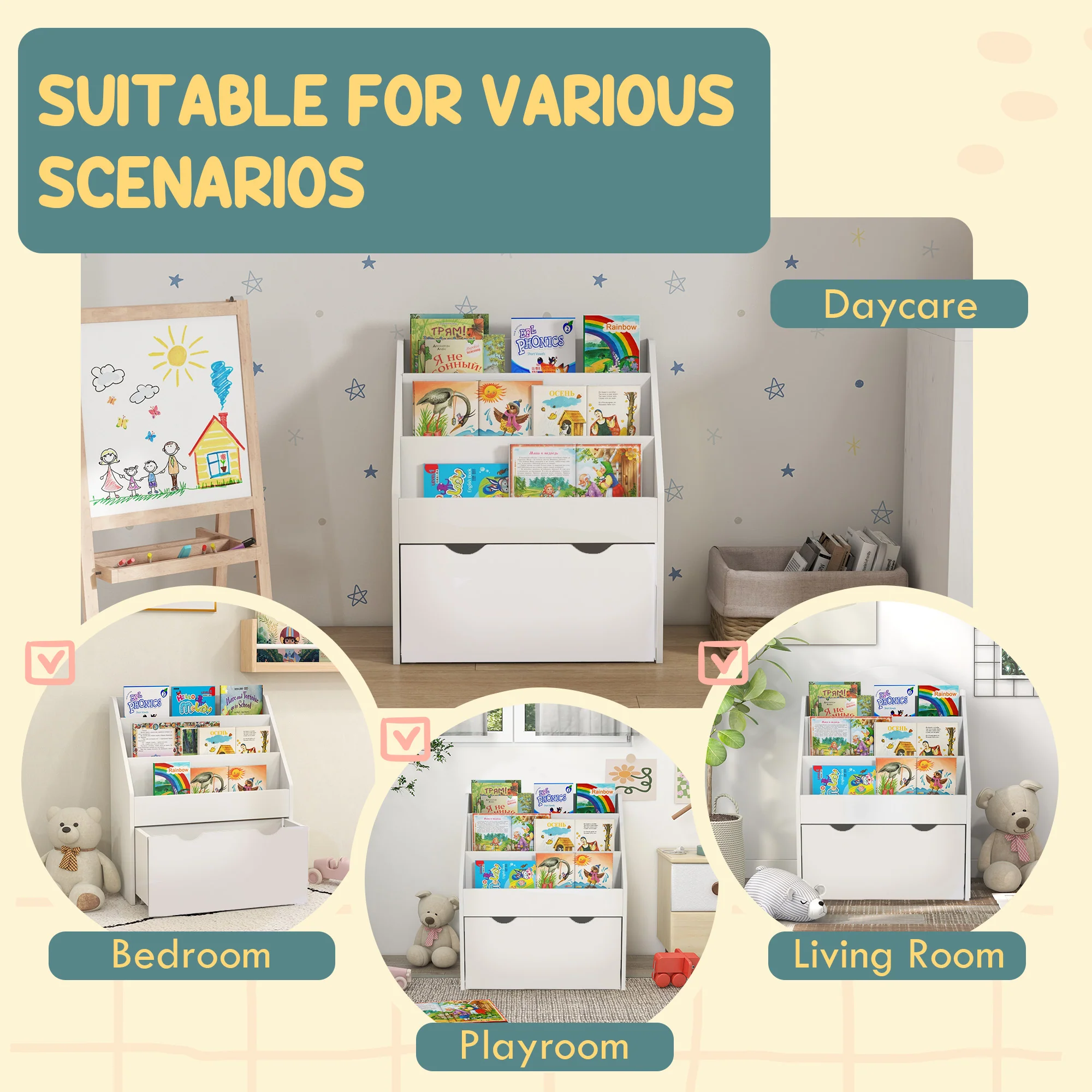 AIYAPLAY Kids Bookcase w/ 3 Tier Shelves, Drawer, for Bedroom, Nursery, White - Image 7