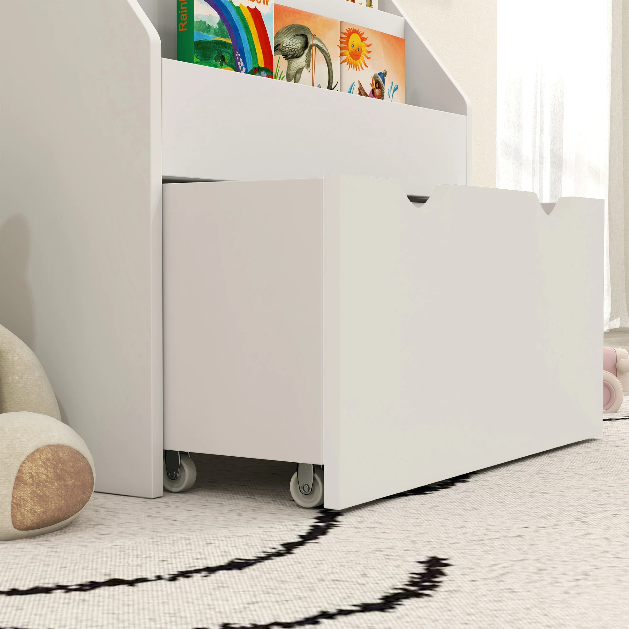 AIYAPLAY Kids Bookcase w/ 3 Tier Shelves, Drawer, for Bedroom, Nursery, White - Image 9