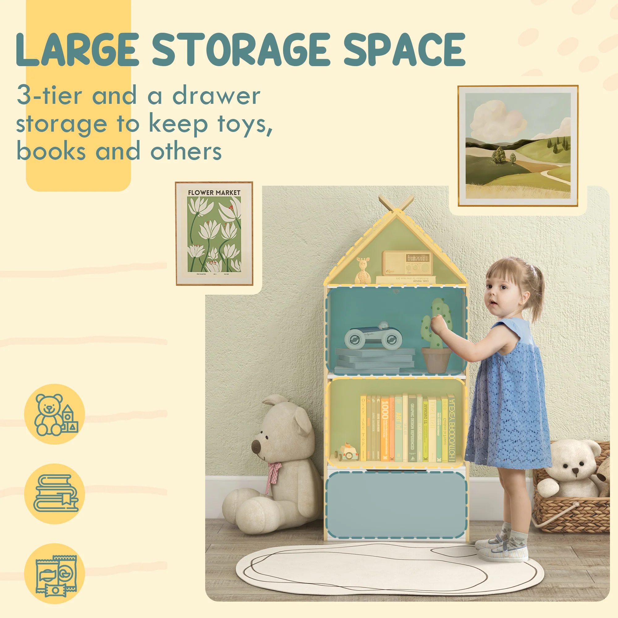 AIYAPLAY Kids Bookshelf with 3 Shelves, Drawer, Anti-tip Device, for Kids Room - Image 3