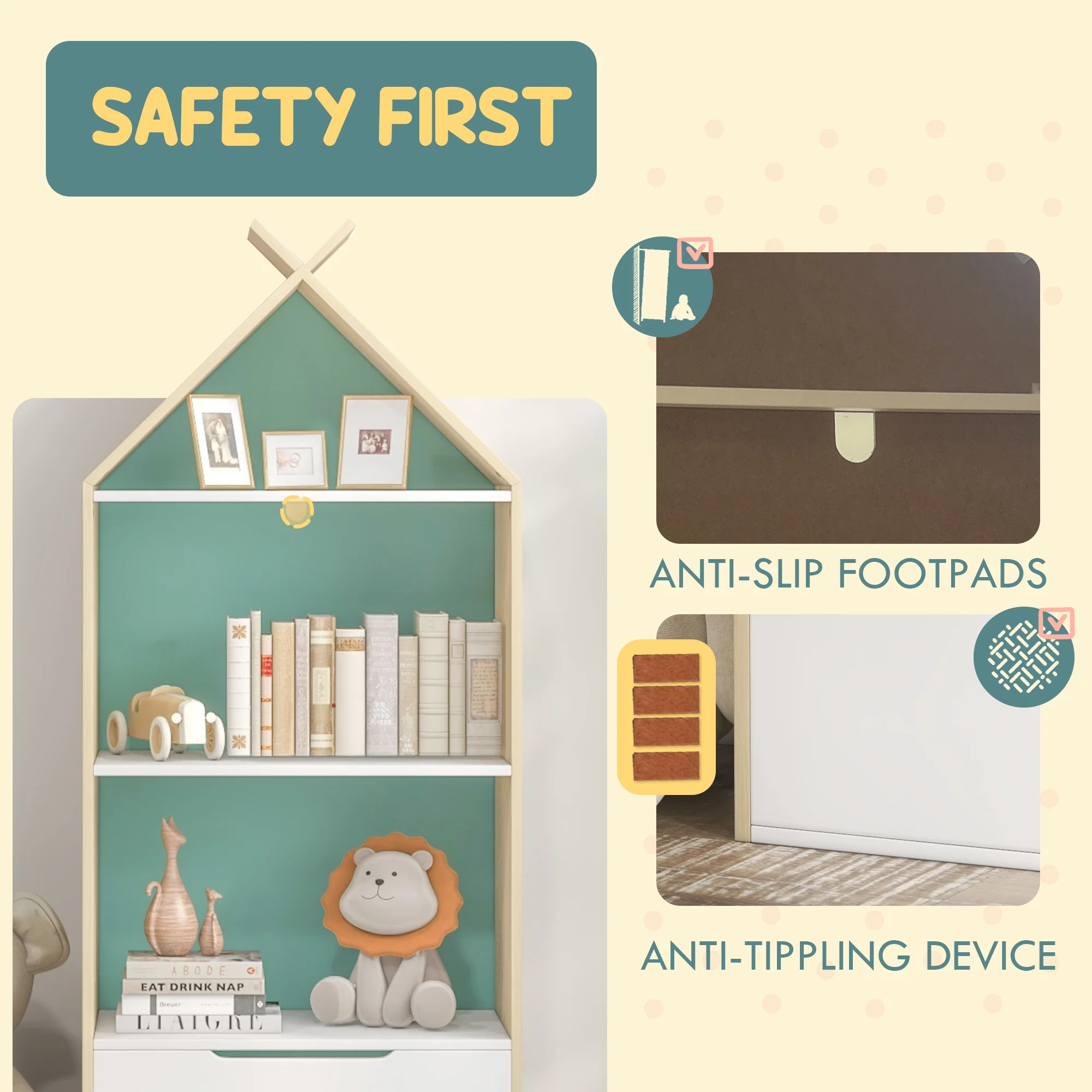 AIYAPLAY Kids Bookshelf with 3 Shelves, Drawer, Anti-tip Device, for Kids Room - Image 6