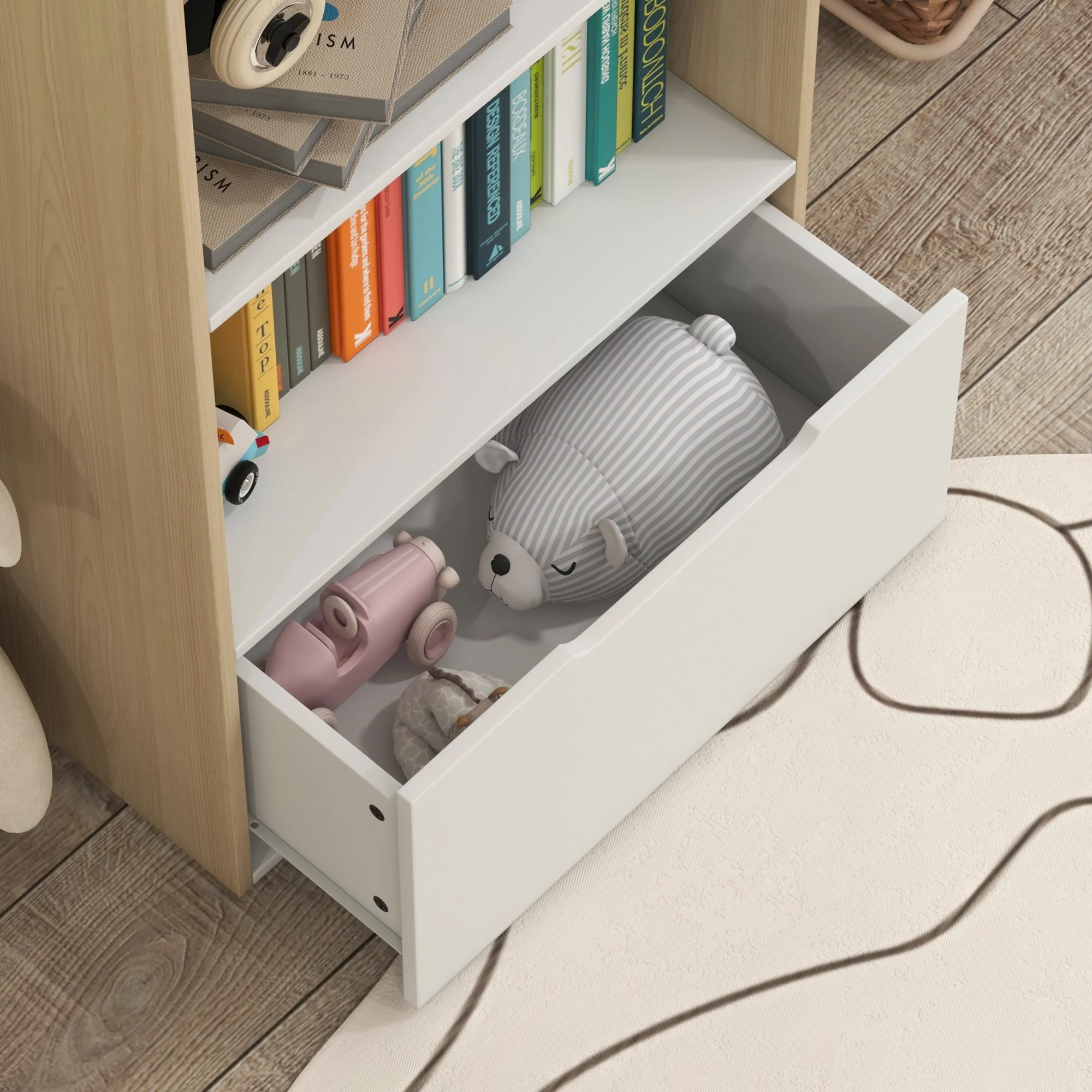 AIYAPLAY Kids Bookshelf with 3 Shelves, Drawer, Anti-tip Device, for Kids Room - Image 9