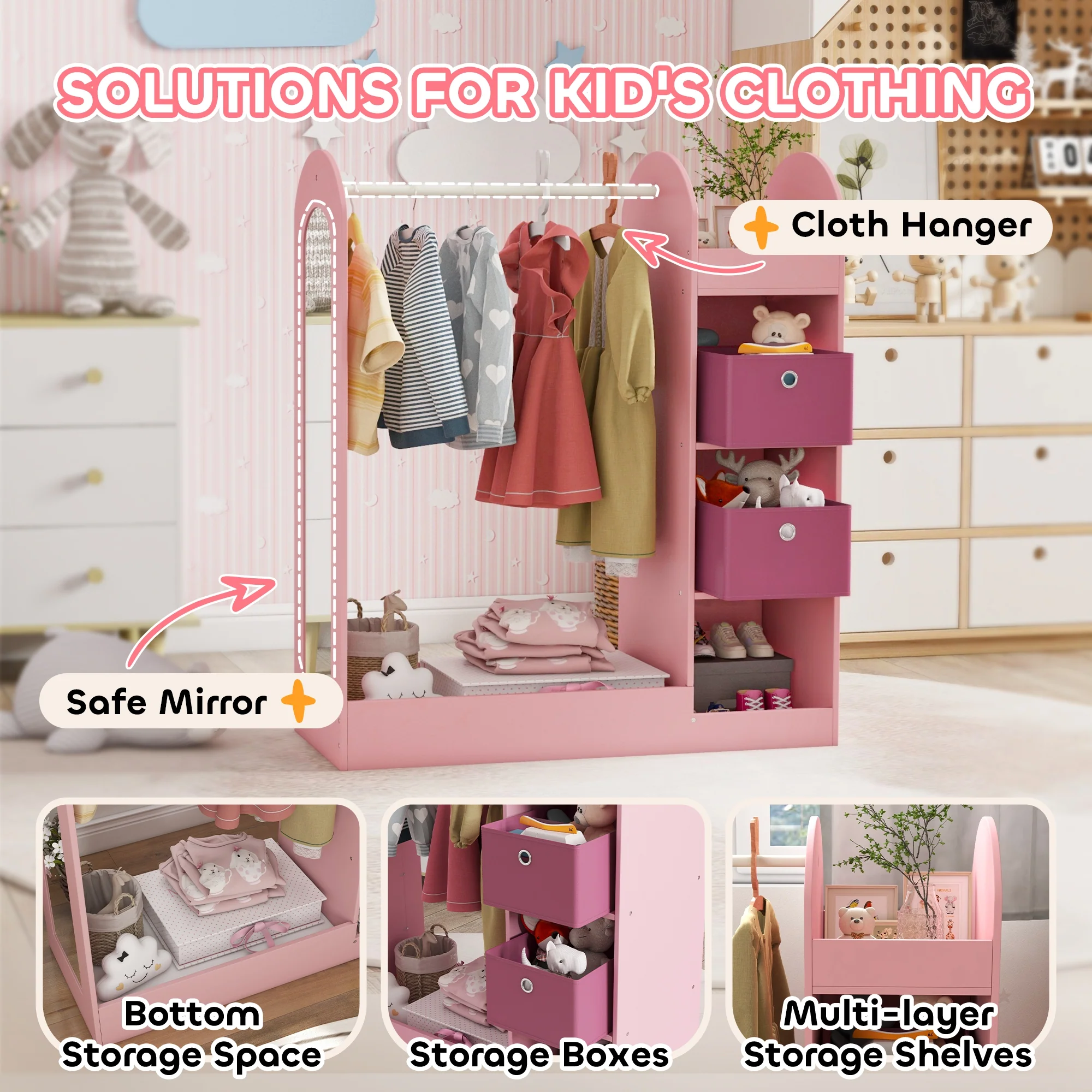 AIYAPLAY Kids Cloth Rail With Storage Shelf, Boxes, Mirror For Bedroom - Image 12
