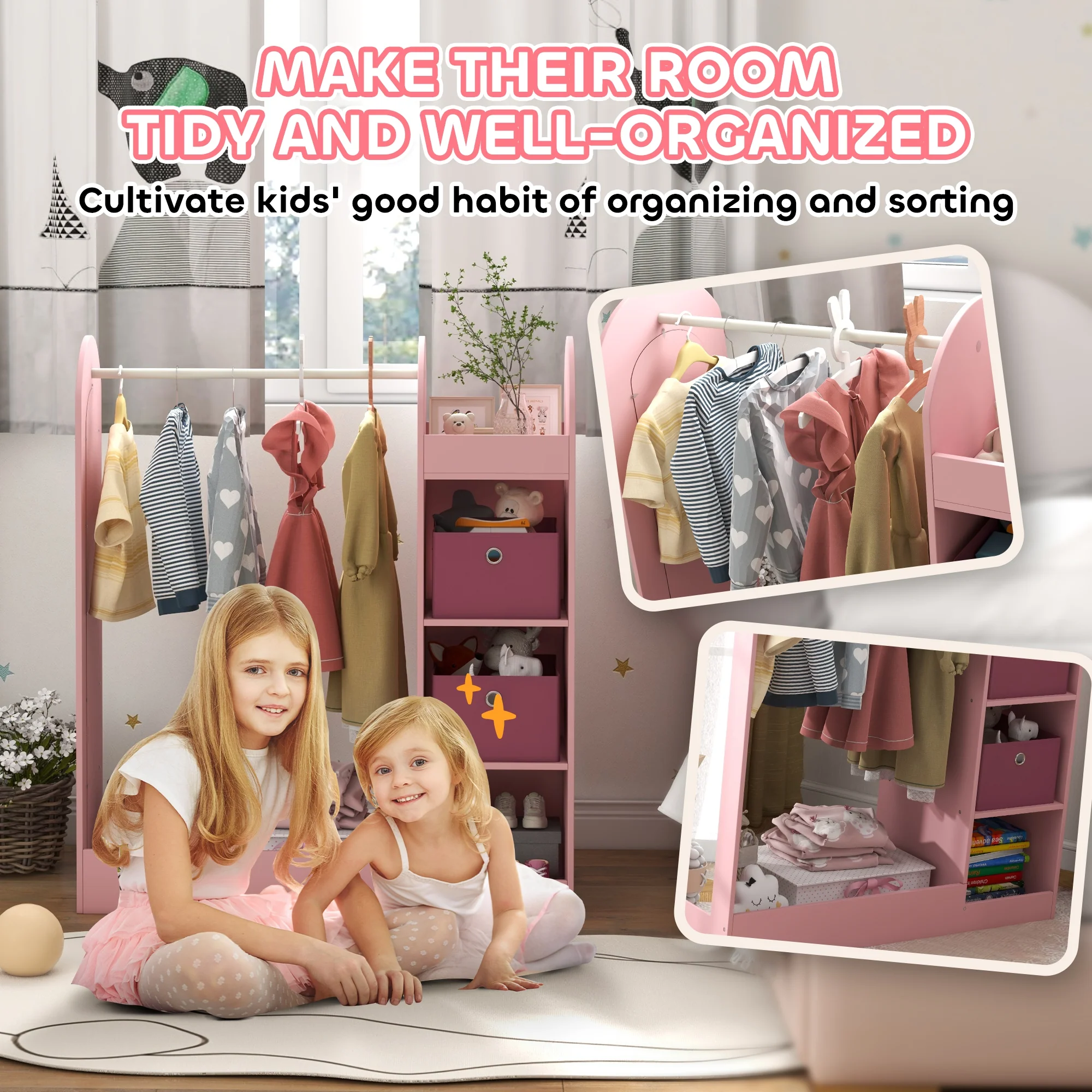 AIYAPLAY Kids Cloth Rail With Storage Shelf, Boxes, Mirror For Bedroom - Image 13