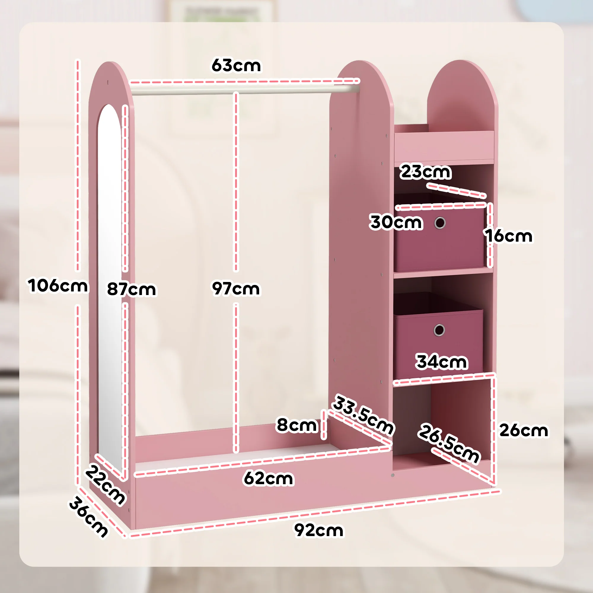 AIYAPLAY Kids Cloth Rail With Storage Shelf, Boxes, Mirror For Bedroom - Image 14