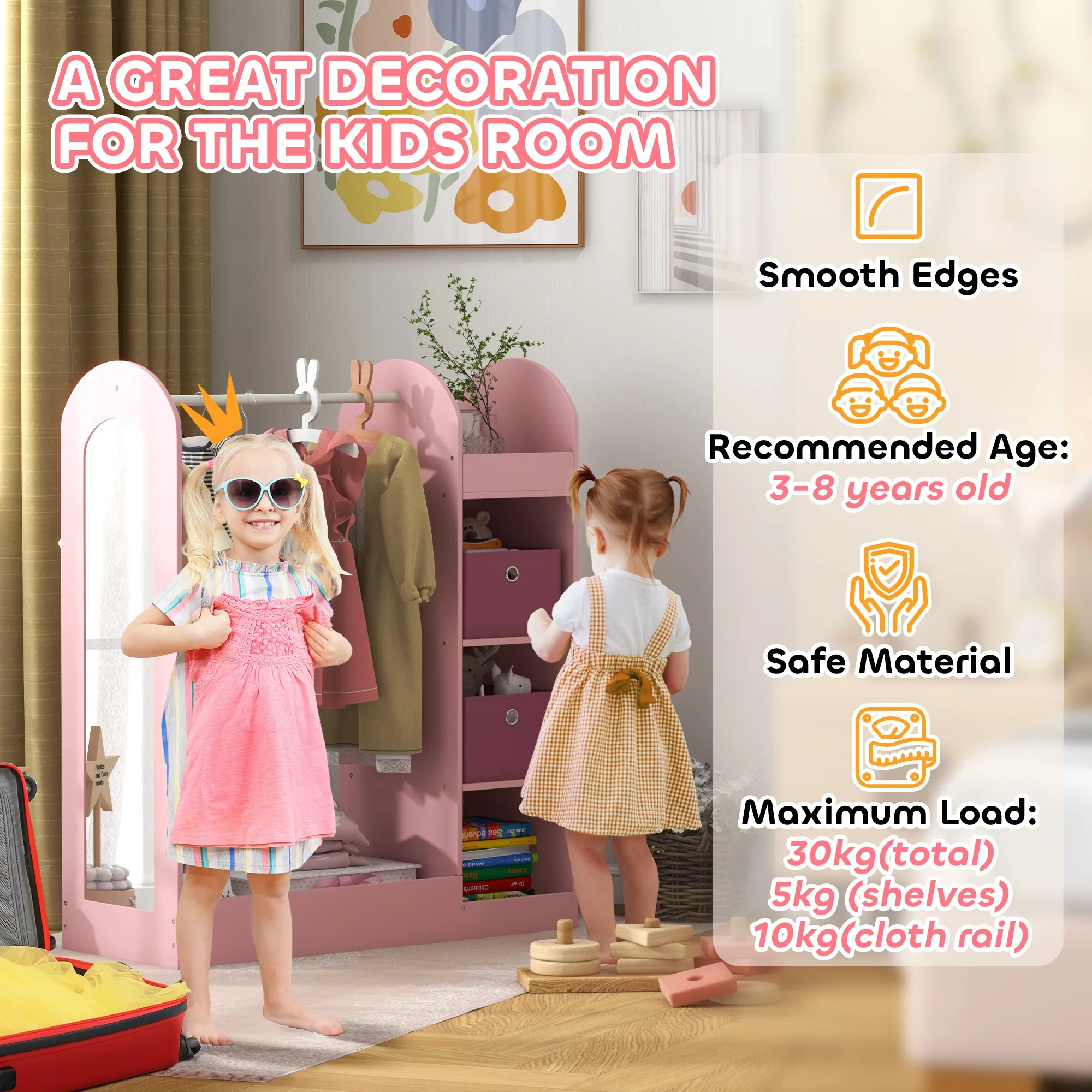 AIYAPLAY Kids Cloth Rail With Storage Shelf, Boxes, Mirror For Bedroom - Image 15