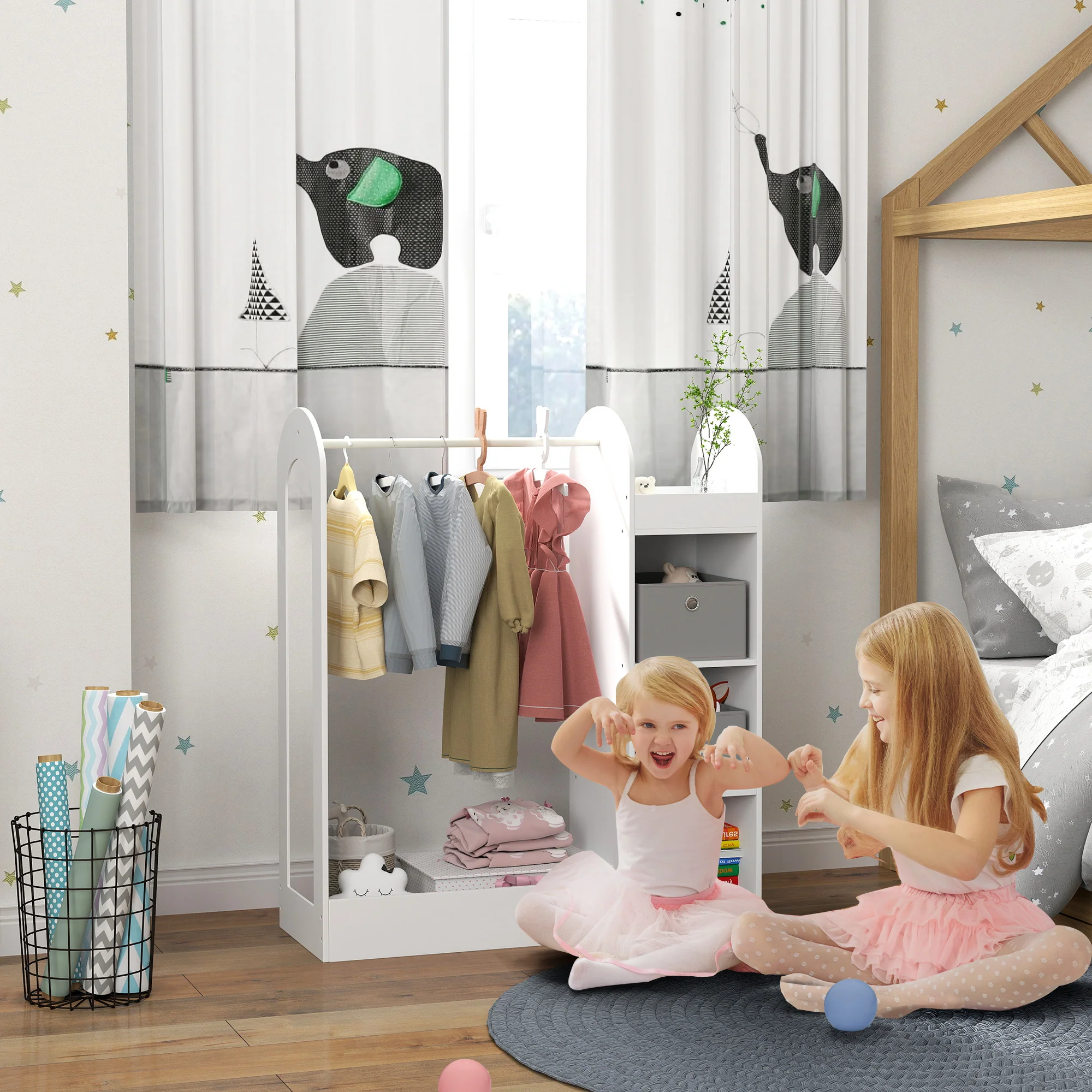 AIYAPLAY Kids Cloth Rail With Storage Shelf, Boxes, Mirror For Bedroom - Image 2