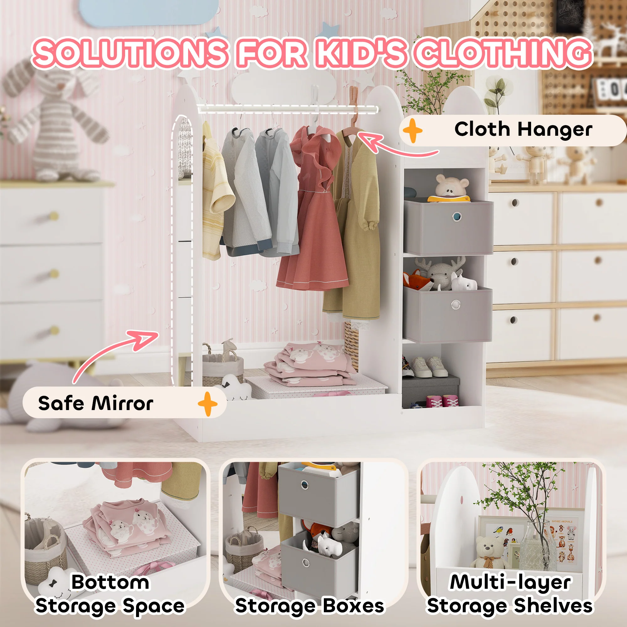 AIYAPLAY Kids Cloth Rail With Storage Shelf, Boxes, Mirror For Bedroom - Image 3