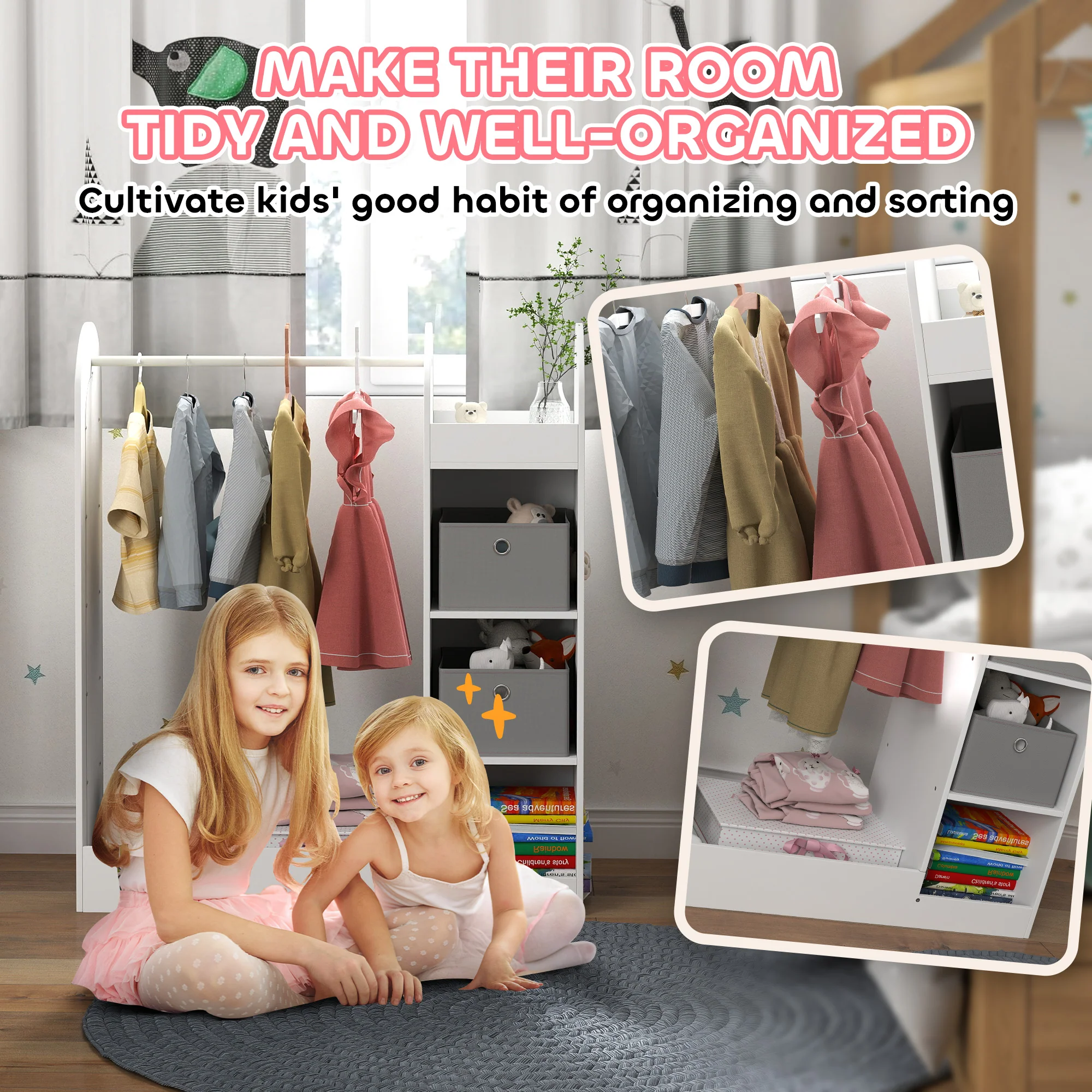 AIYAPLAY Kids Cloth Rail With Storage Shelf, Boxes, Mirror For Bedroom - Image 4