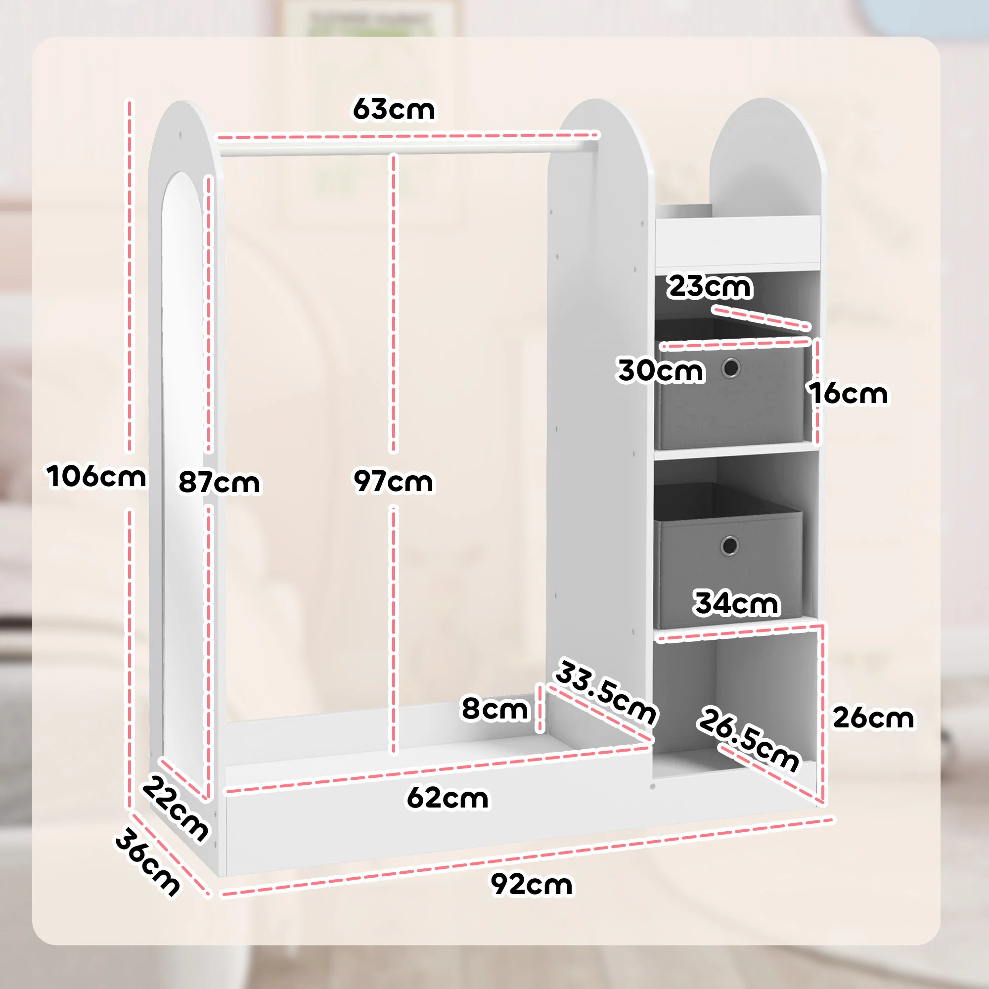 AIYAPLAY Kids Cloth Rail With Storage Shelf, Boxes, Mirror For Bedroom - Image 5