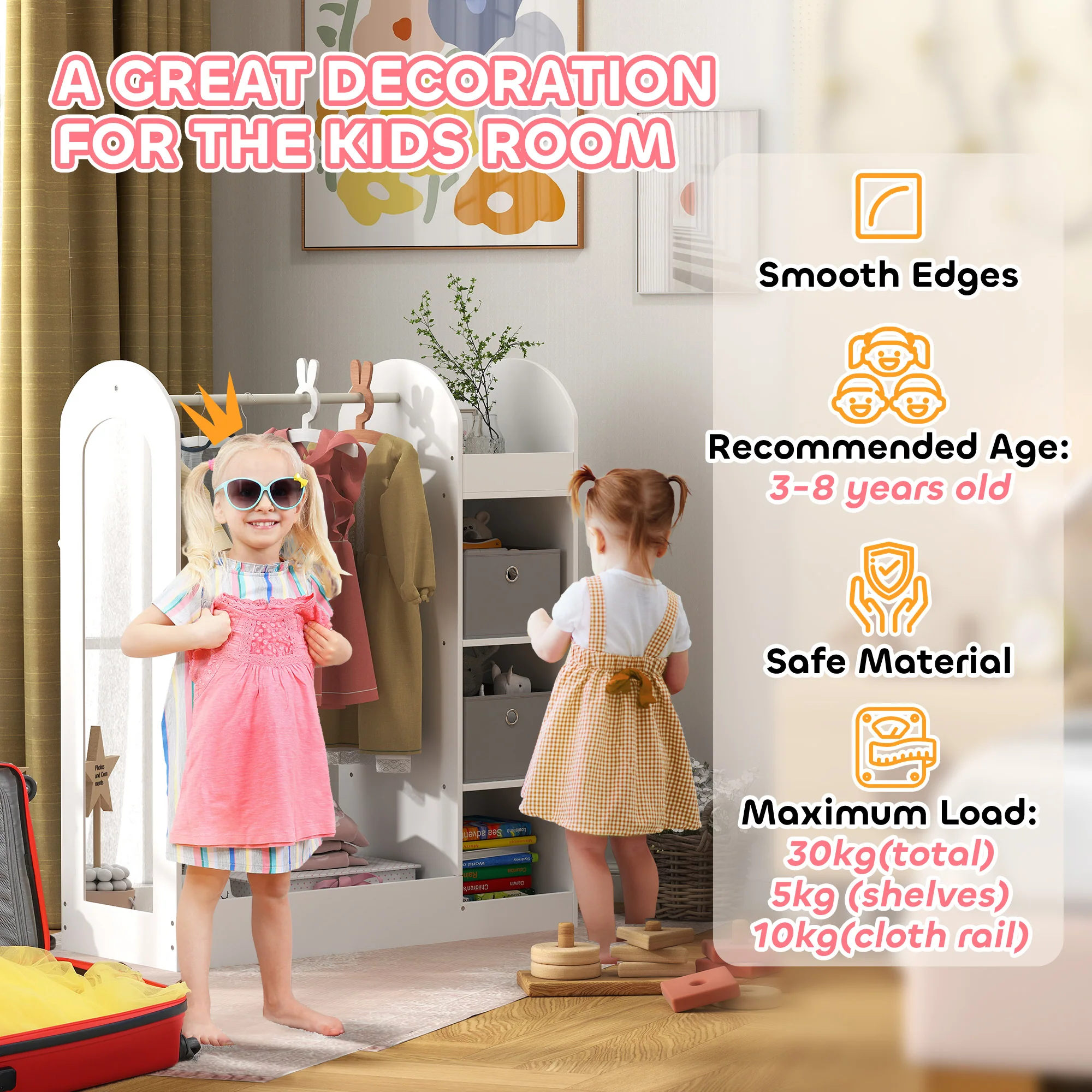 AIYAPLAY Kids Cloth Rail With Storage Shelf, Boxes, Mirror For Bedroom - Image 6