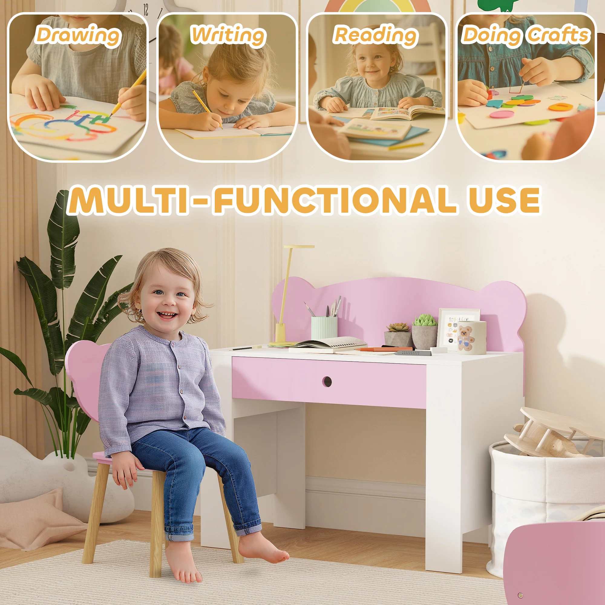 AIYAPLAY Kids Desk and Chair Set, Children Writing Table with Drawer, Pink - Image 3